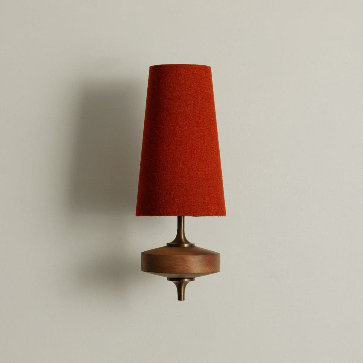 Walnut Wall Sconce with Antique Brass Hardware | Fabric Shade for Warm Ambient Light