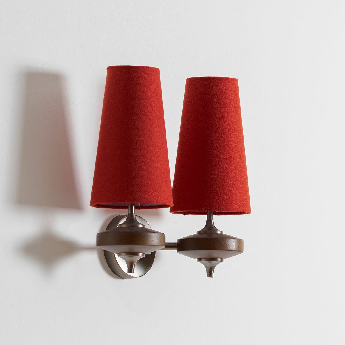 Walnut Wall Sconce with Antique Brass Hardware | Fabric Shade for Warm Ambient Light