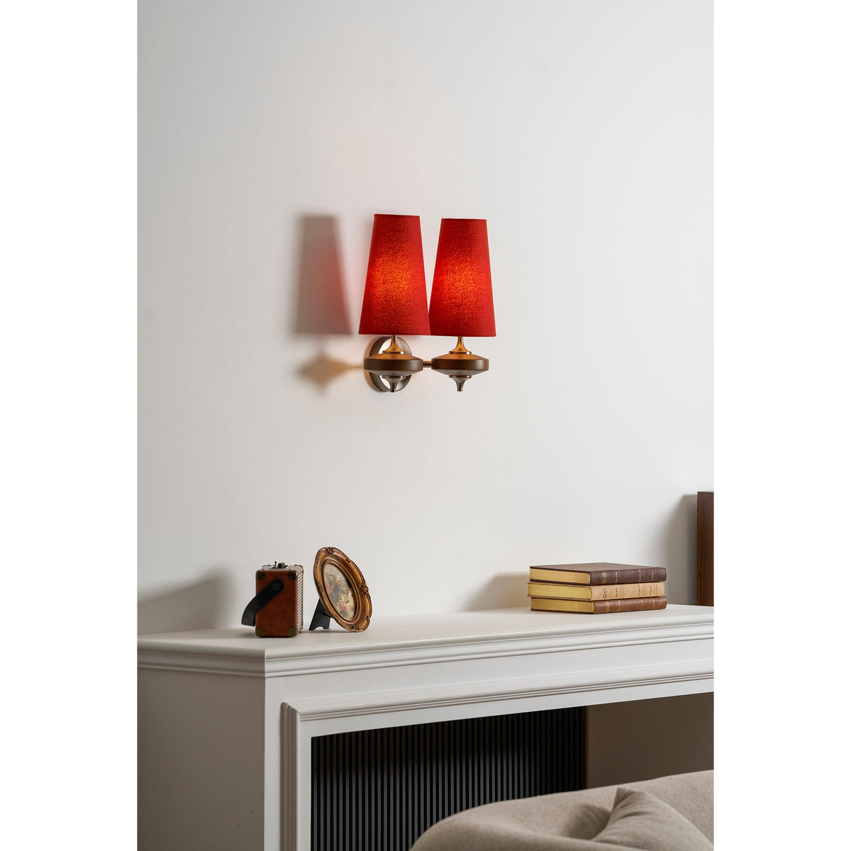 Walnut Wall Sconce with Antique Brass Hardware | Fabric Shade for Warm Ambient Light
