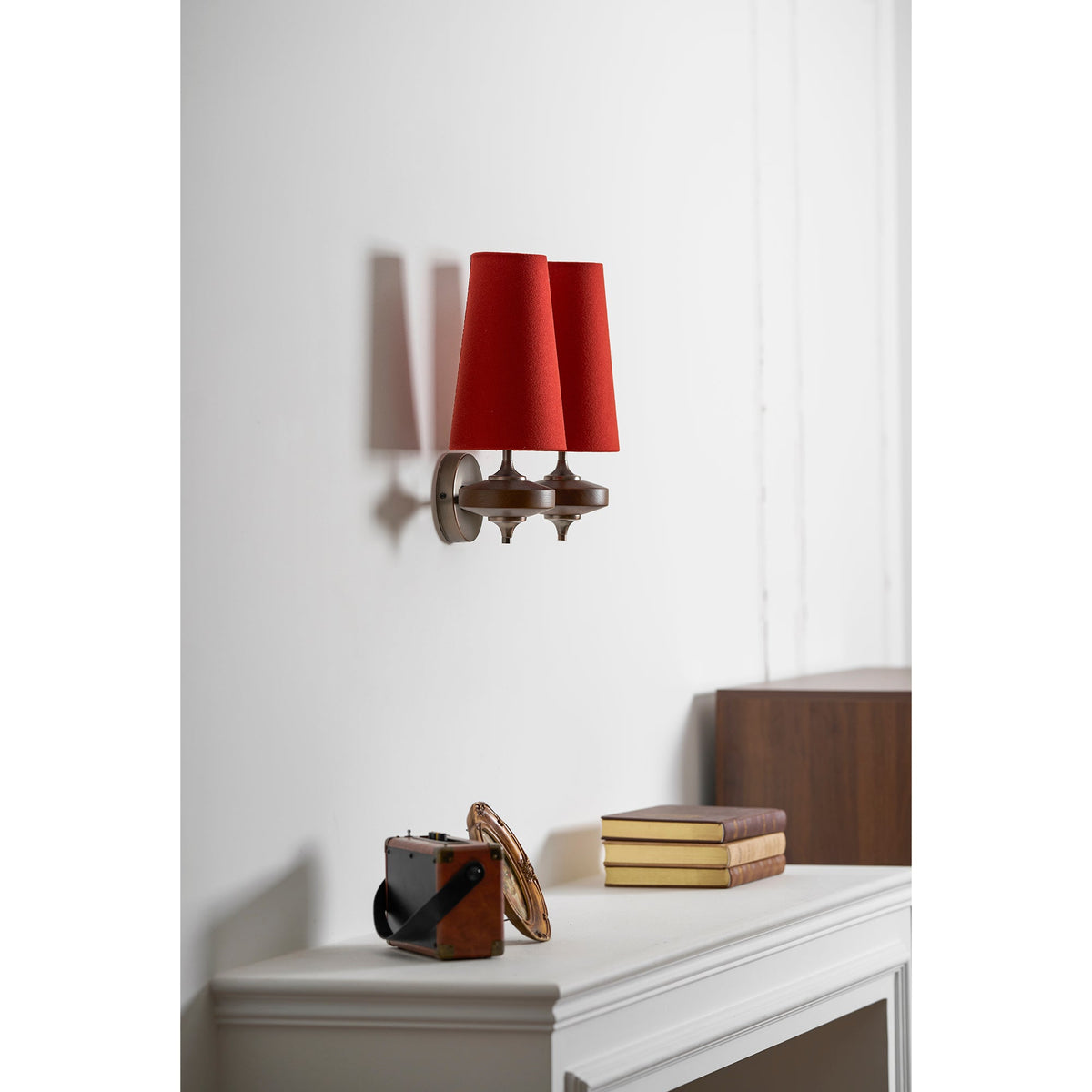 Walnut Wall Sconce with Antique Brass Hardware | Fabric Shade for Warm Ambient Light