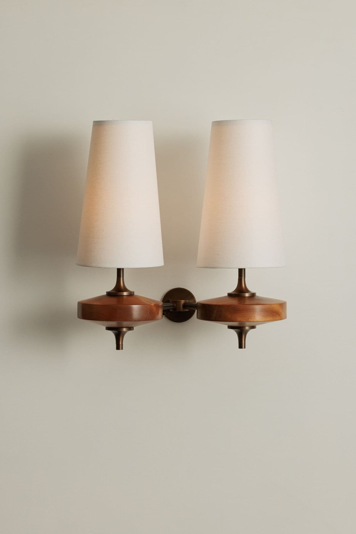 Walnut Wall Sconce with Antique Brass Hardware | Fabric Shade for Warm Ambient Light