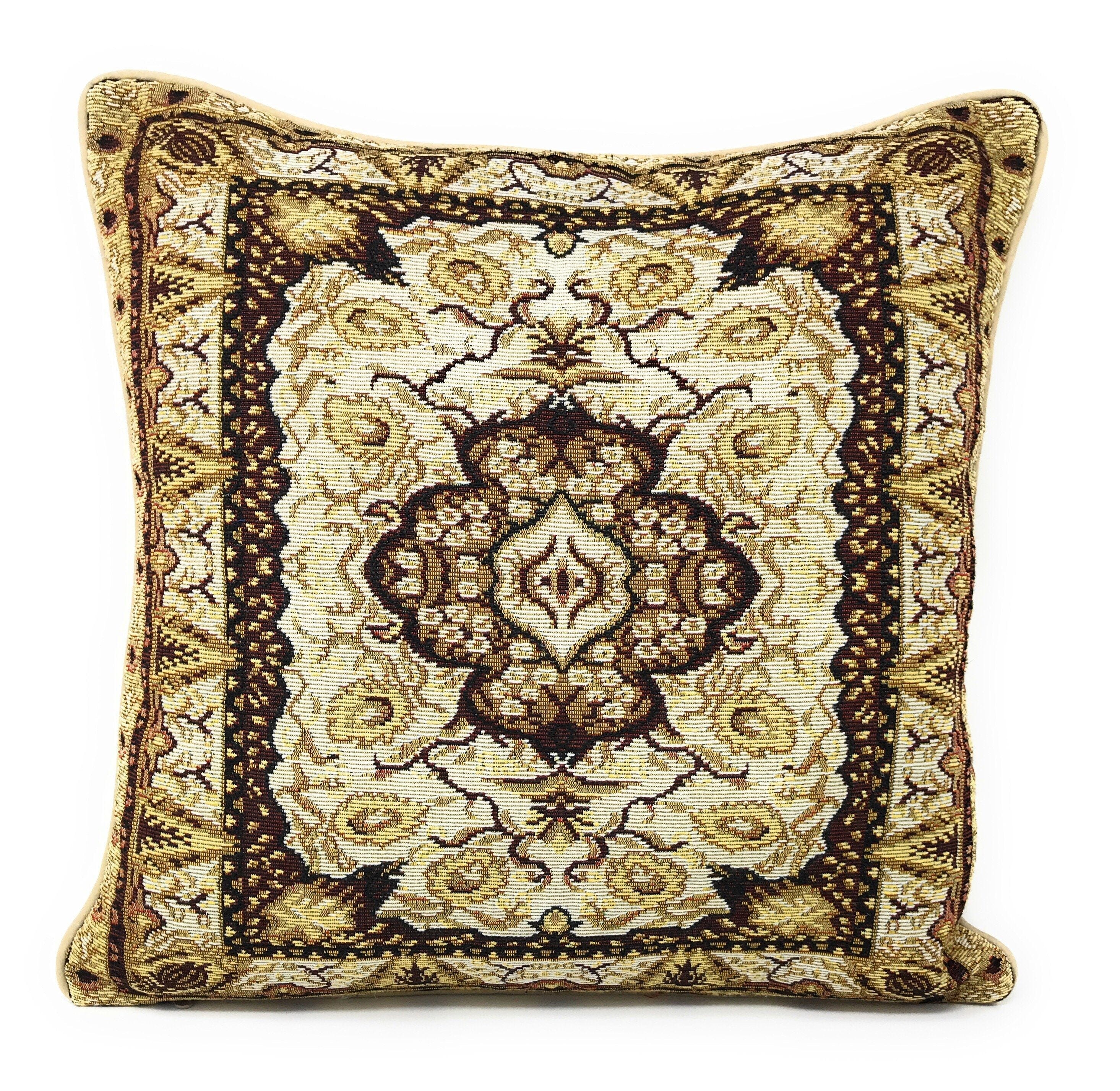 DaDa Bedding Elegant Golden Persian Style Rug Floral Tapestry Throw Pillow Covers 16" x 16"