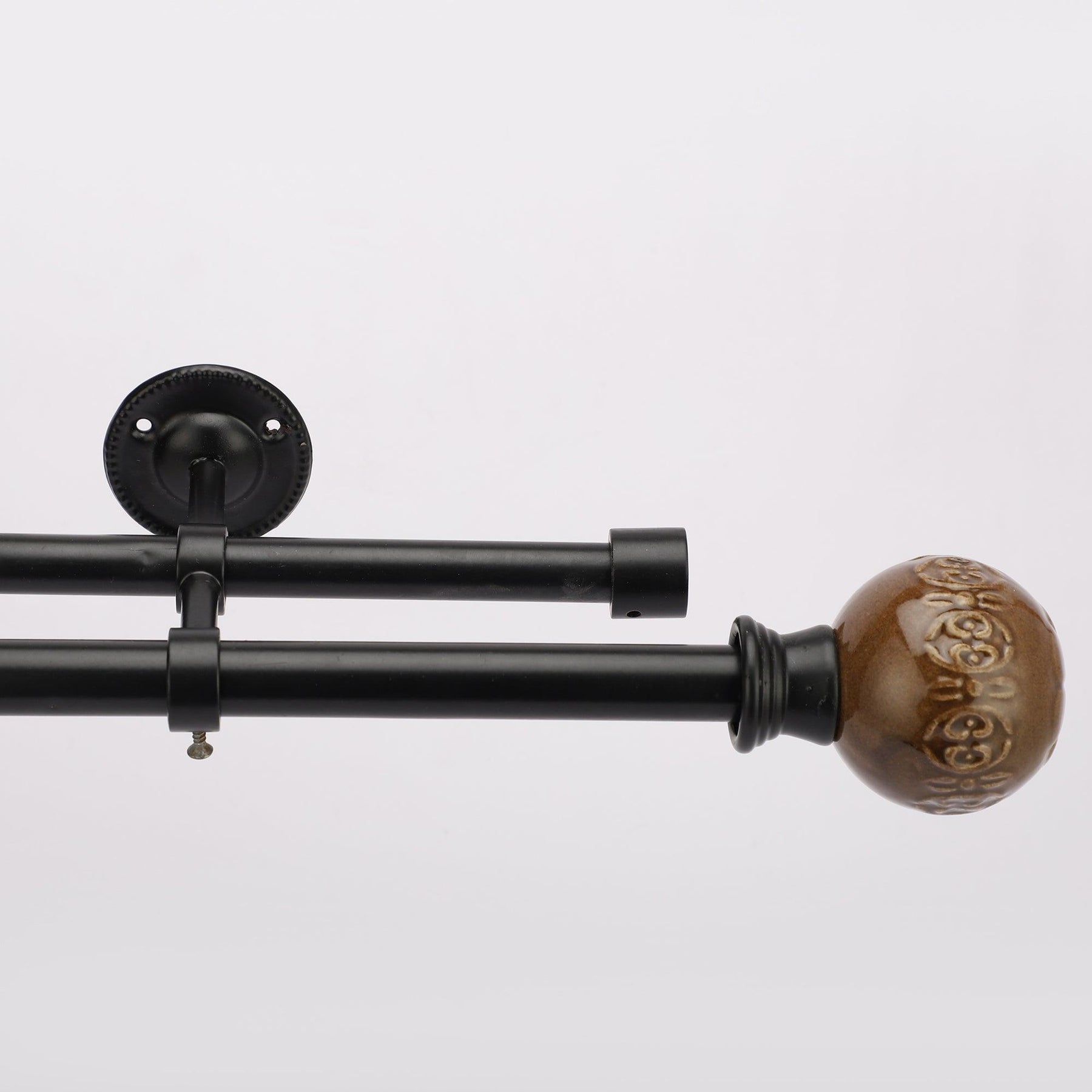Black Double Curtain Pole | Brown Ceramic Finials | Rustproof | 25KG Load | Traditional Style-1