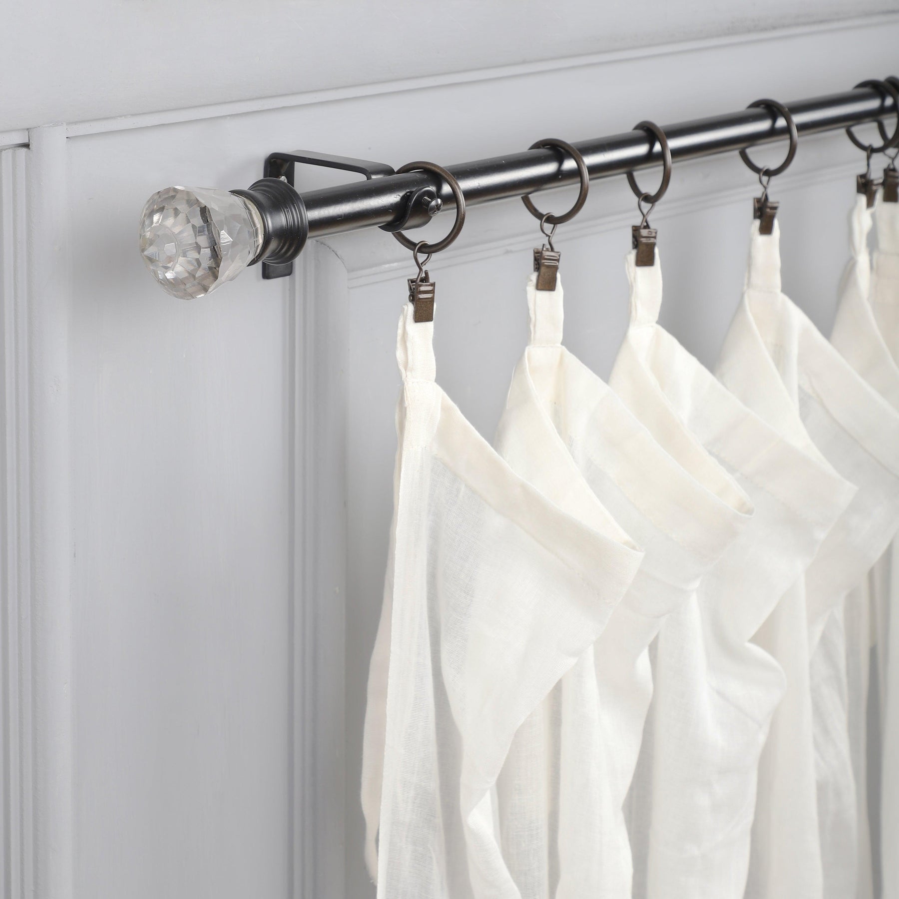 Black Extendable Curtain Pole | 19mm | Crystal Glass Finials | 61-366cm-0