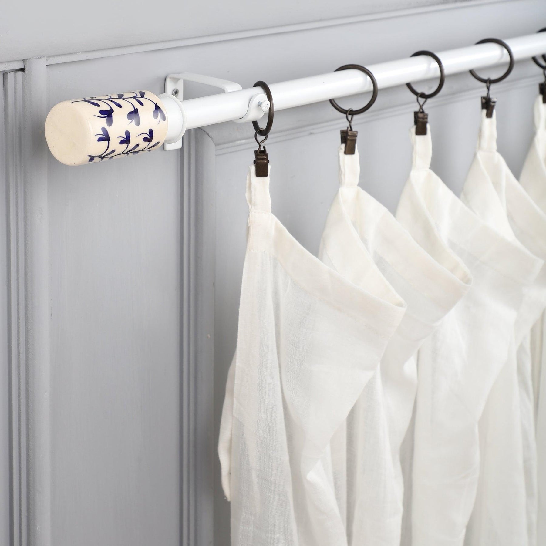 White Extendable Curtain Pole | 19mm | Hand-Painted Floral Finials | 61-366cm-0