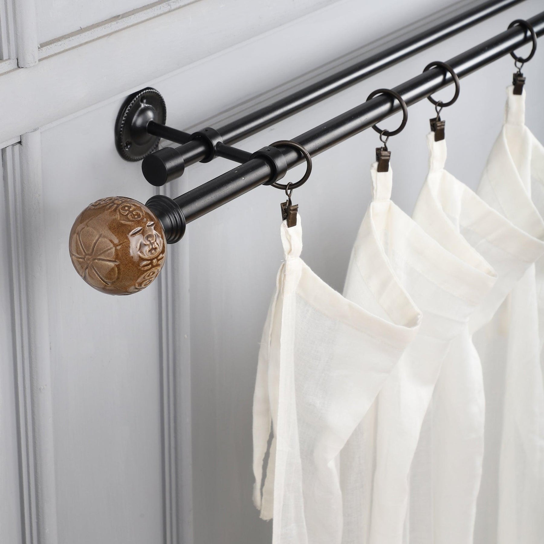 Black Double Curtain Pole | Brown Ceramic Finials | Rustproof | 25KG Load | Traditional Style-0