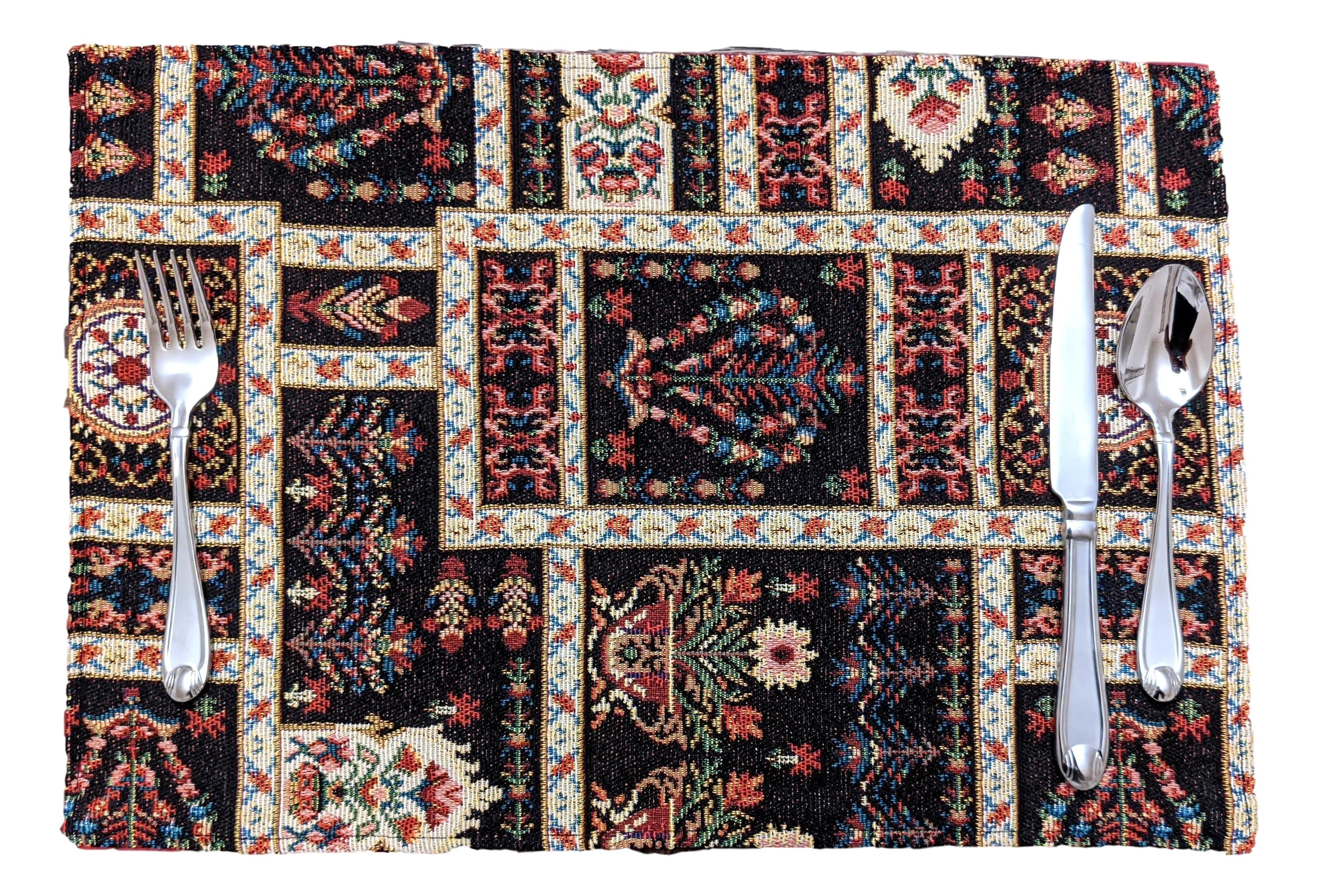 DaDalogy Bedding Set of 4-Pieces Dark Noir Mughal Floral Botanical Vintage Fleur Tapestry Placemats 13” x 19” (18197)