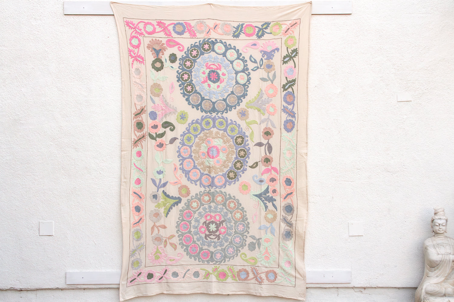 Romantic Pastel Hand Embroidered Suzani Tapestry
