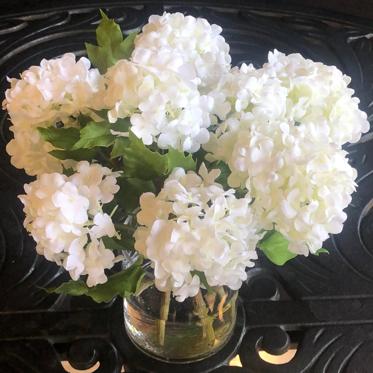 Real touch white hydrangea arrangement in glass vase - 8"