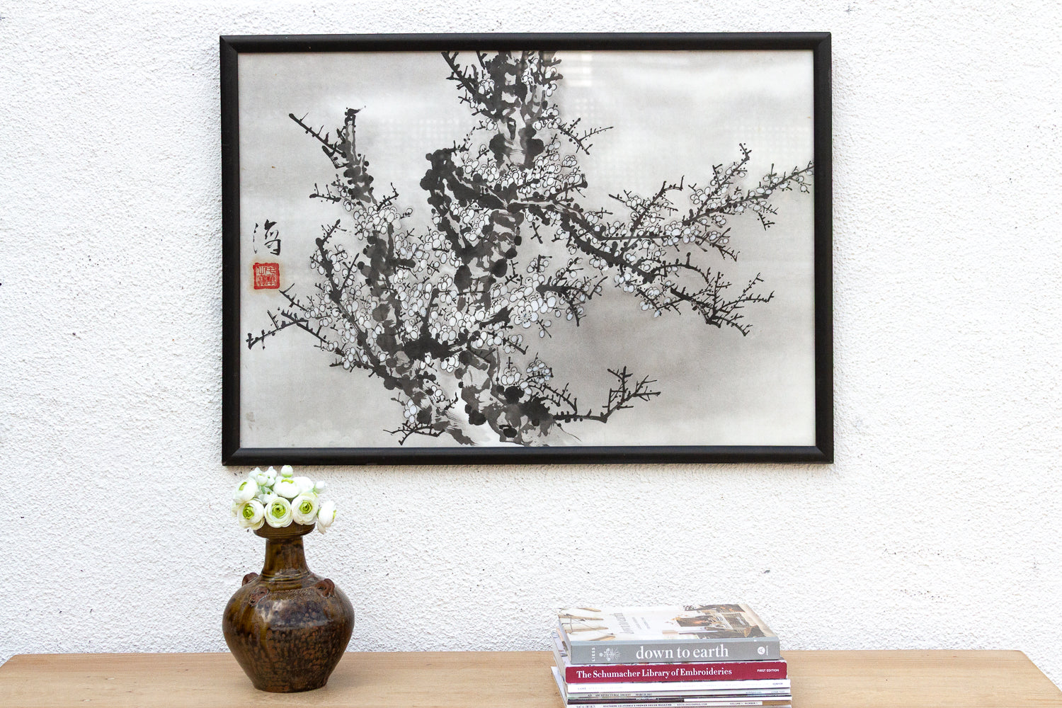 Framed Chinese Ink Wash Plum Blossom Painting