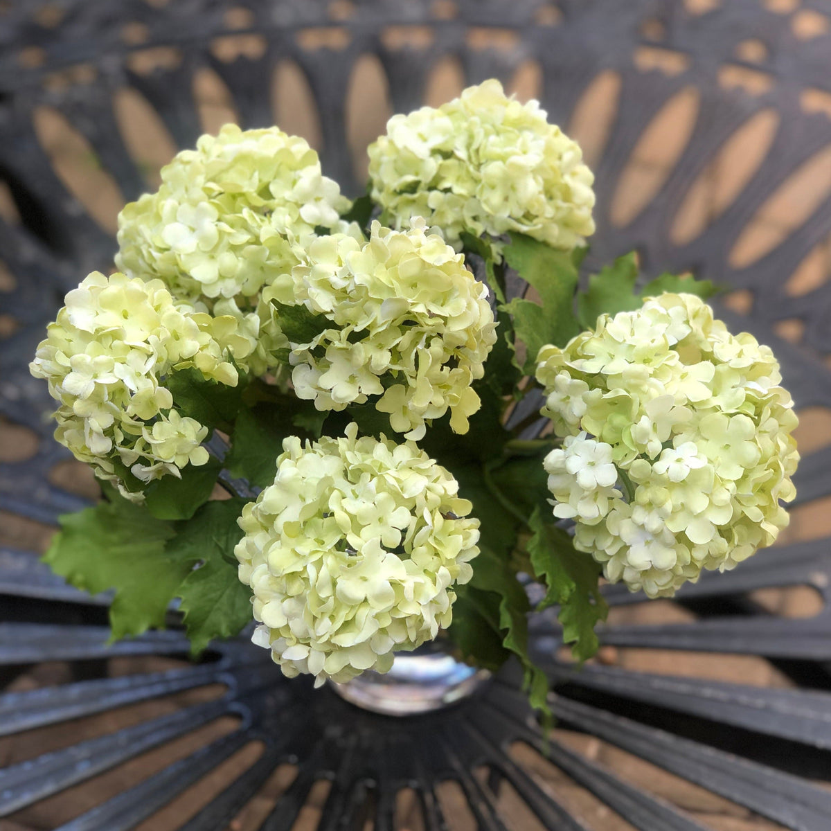 Real touch green hydrangea arrangement in glass vase - 8"