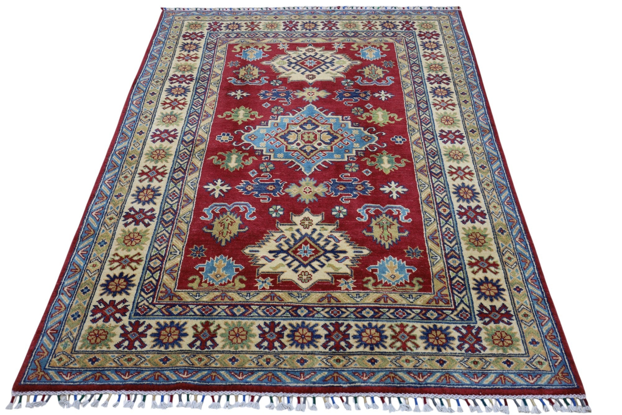 Hand-Knotted Afghani Kazak Wool Rug – 4’9″ x 6’8″