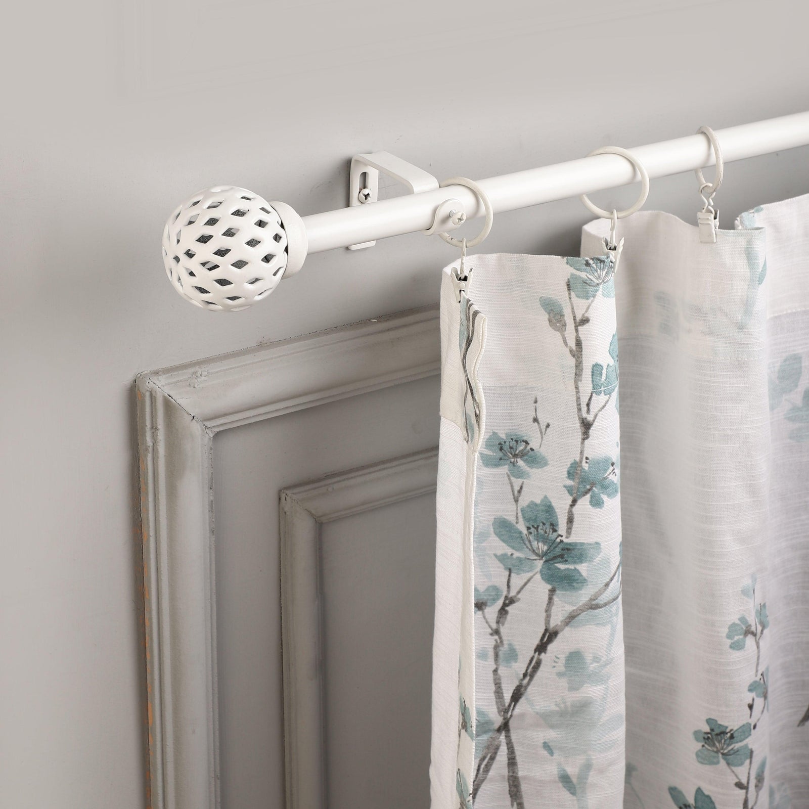 White Extendable Curtain Pole | Geometric Cage Finials | 61-366cm-0