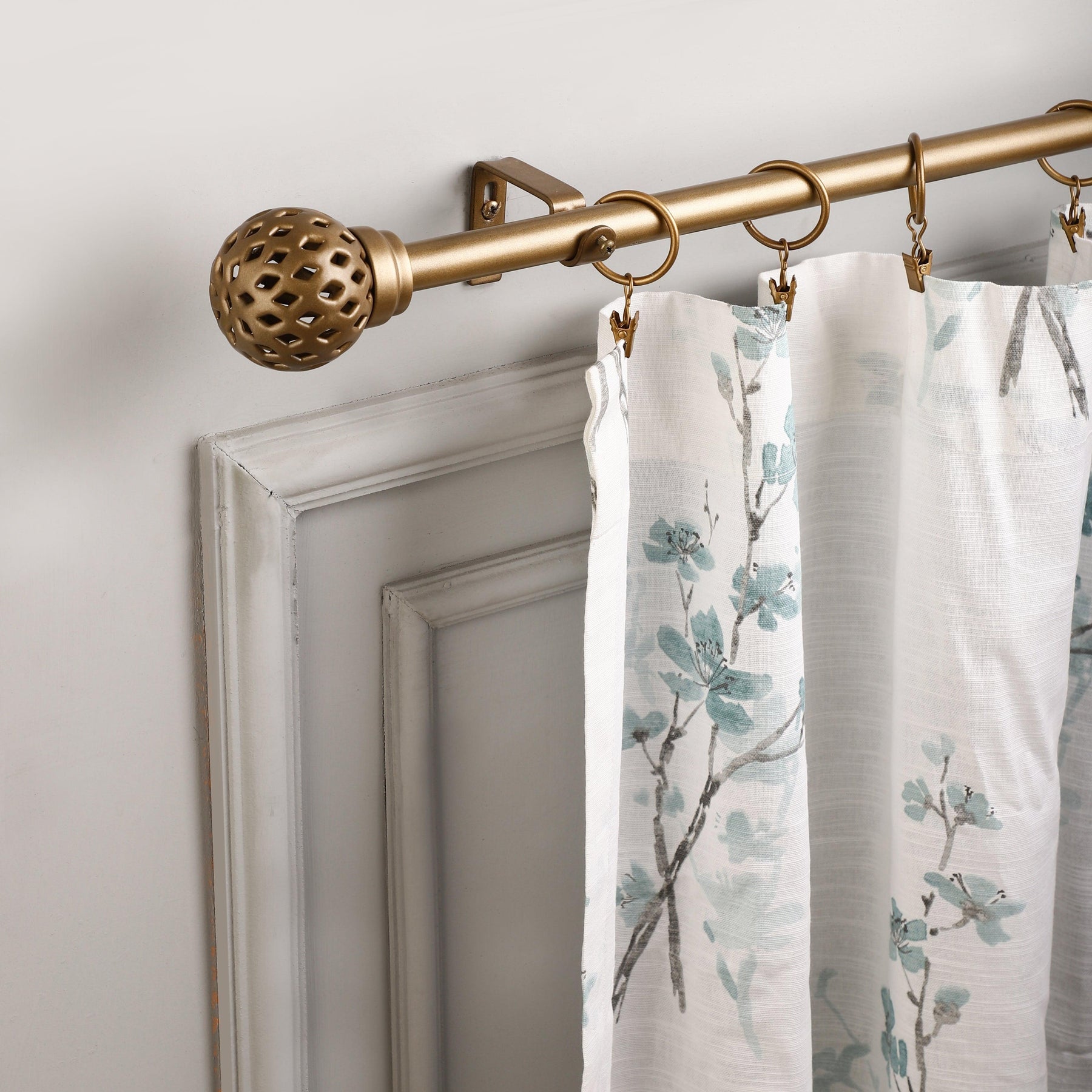Gold Extendable Curtain Pole | Geometric Cage Finials | 61-366cm-0