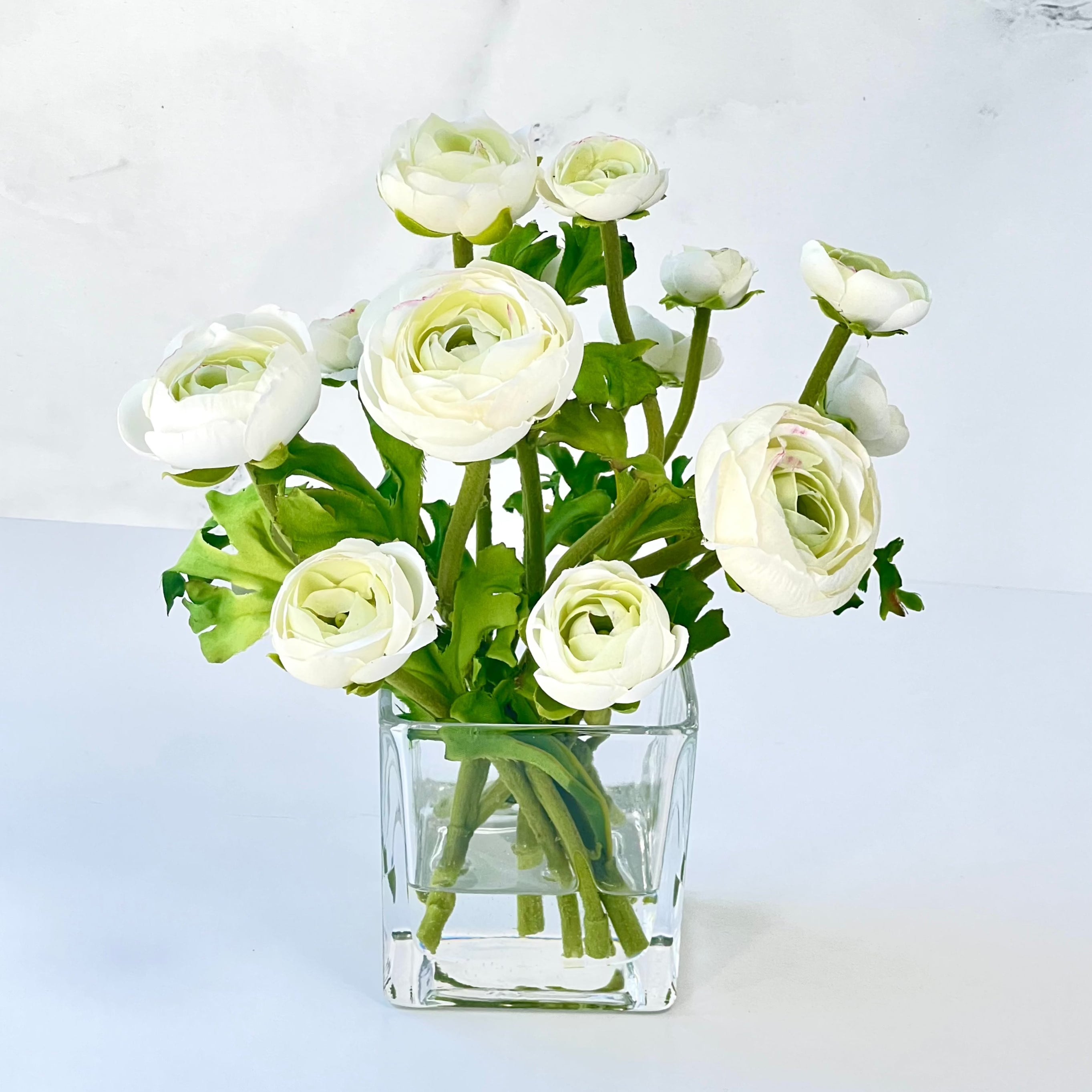 Silk Ranunculus Flowers in Glass Vase - 8"-0