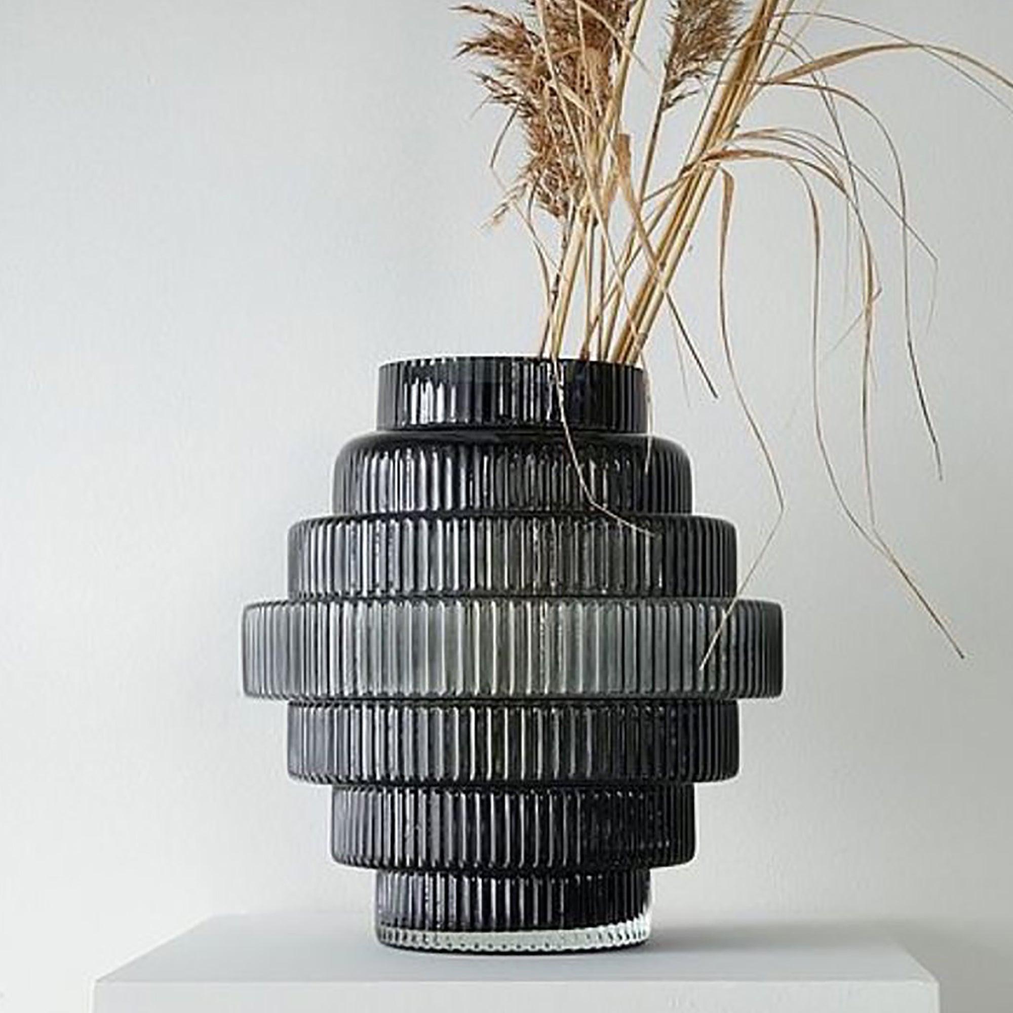 Ribbed Layered Wide Glass Vase-Large-Grey - PRHOMZ