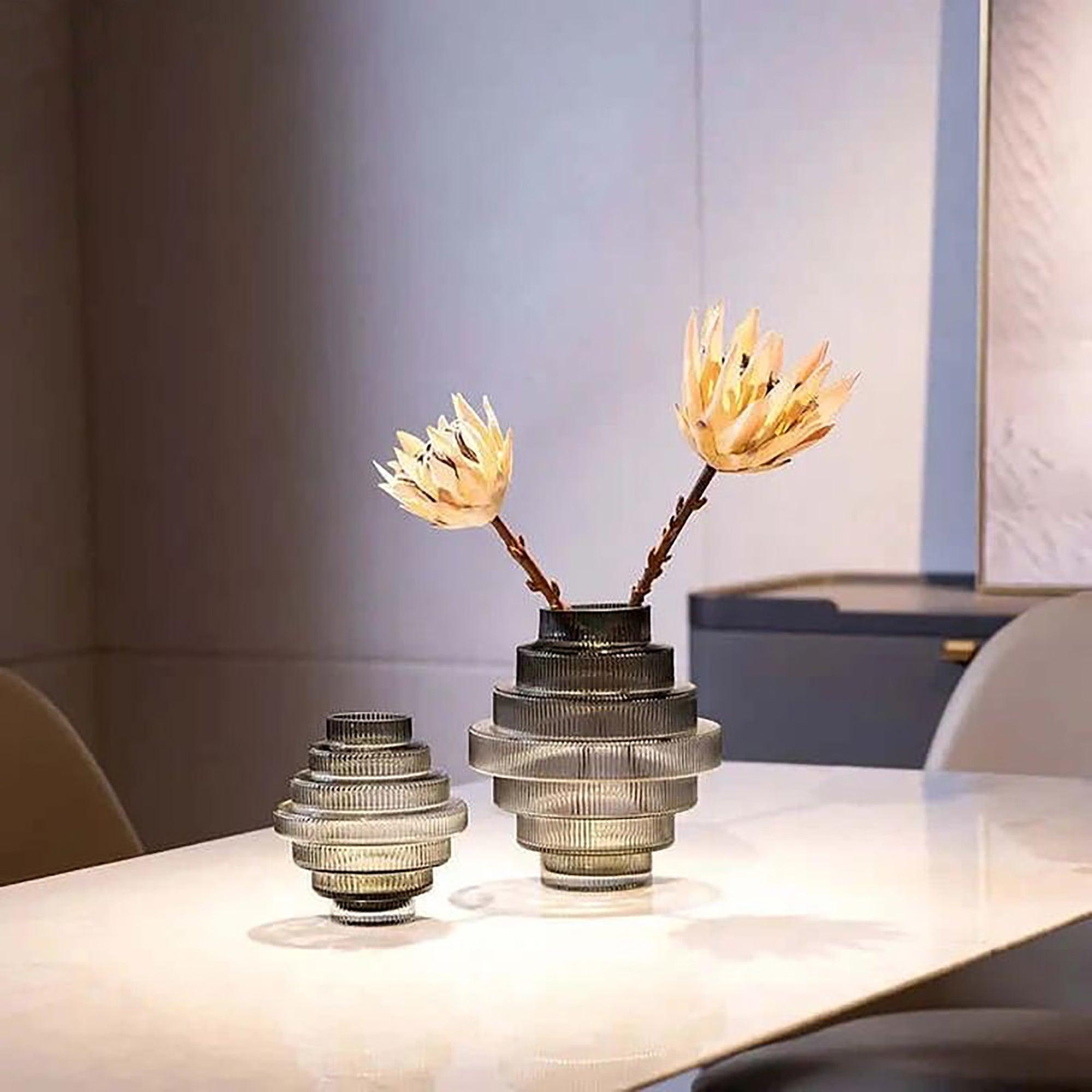 Ribbed Layered Wide Glass Vase-Large-Grey - PRHOMZ