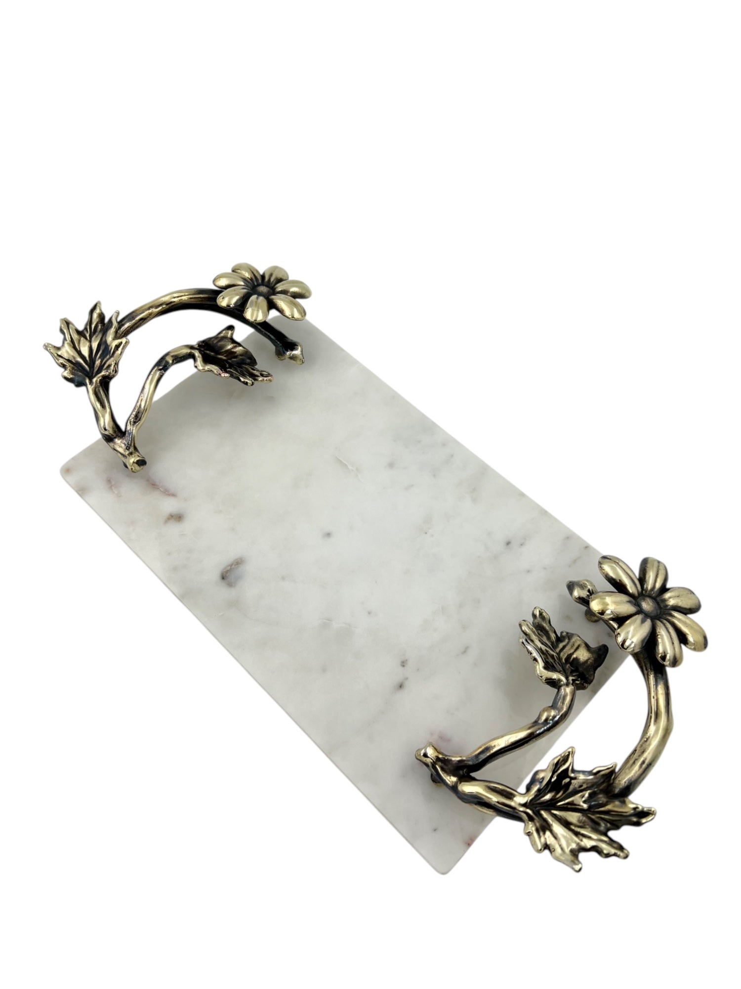 White Marble Tray with Gilded Floral Handles-6