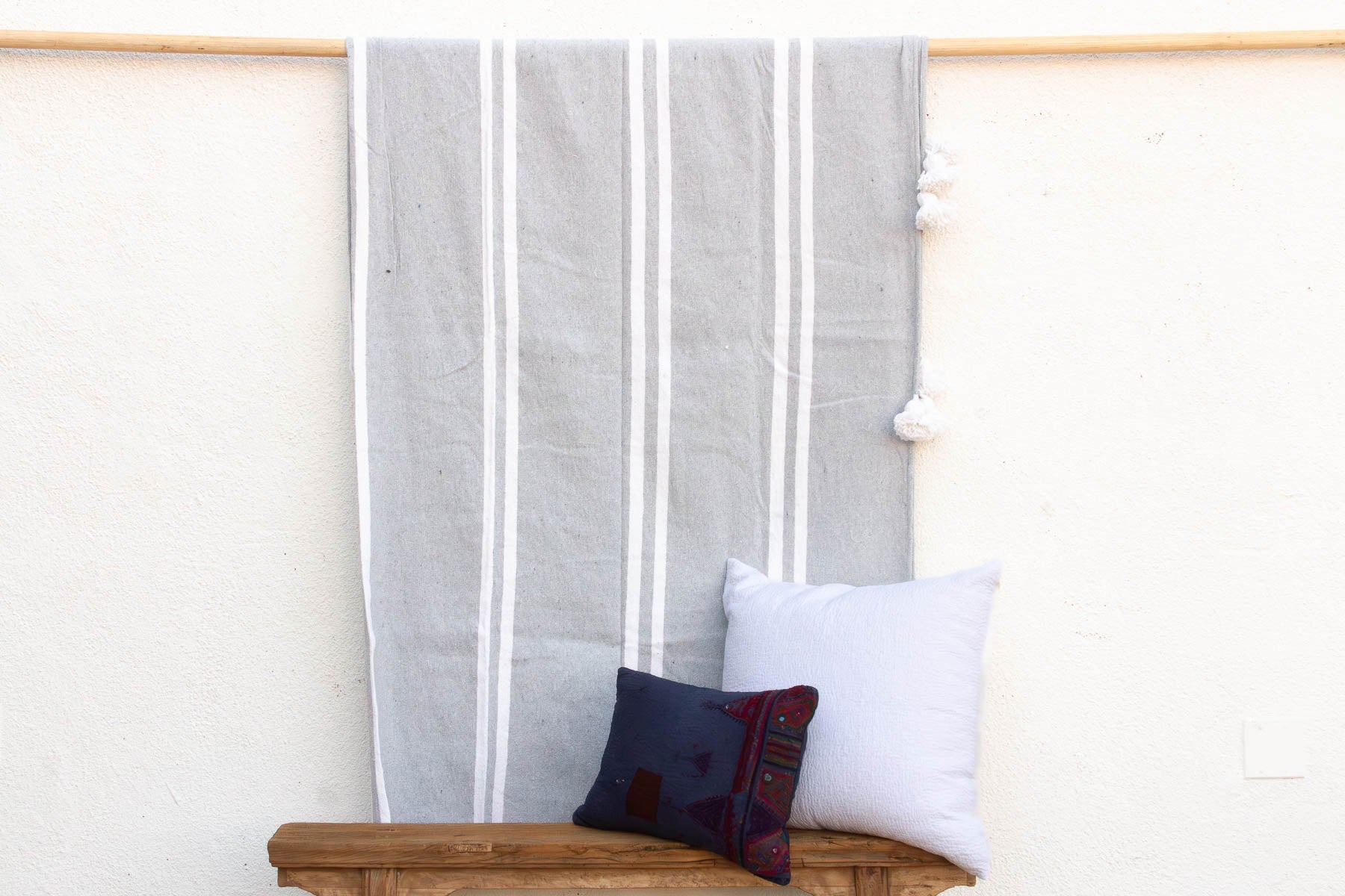 Dove Grey Striped Moroccan Pom Pom Blanket