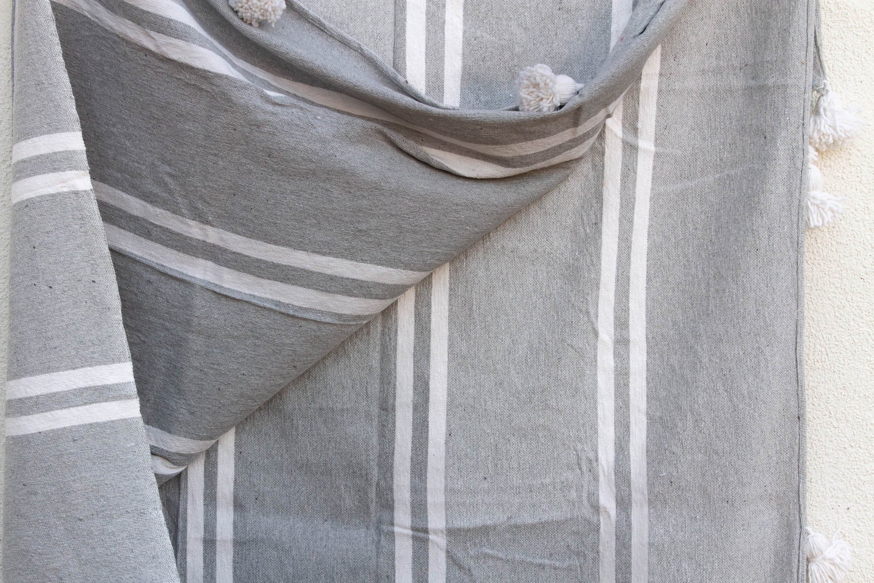 Dove Grey Striped Moroccan Pom Pom Blanket