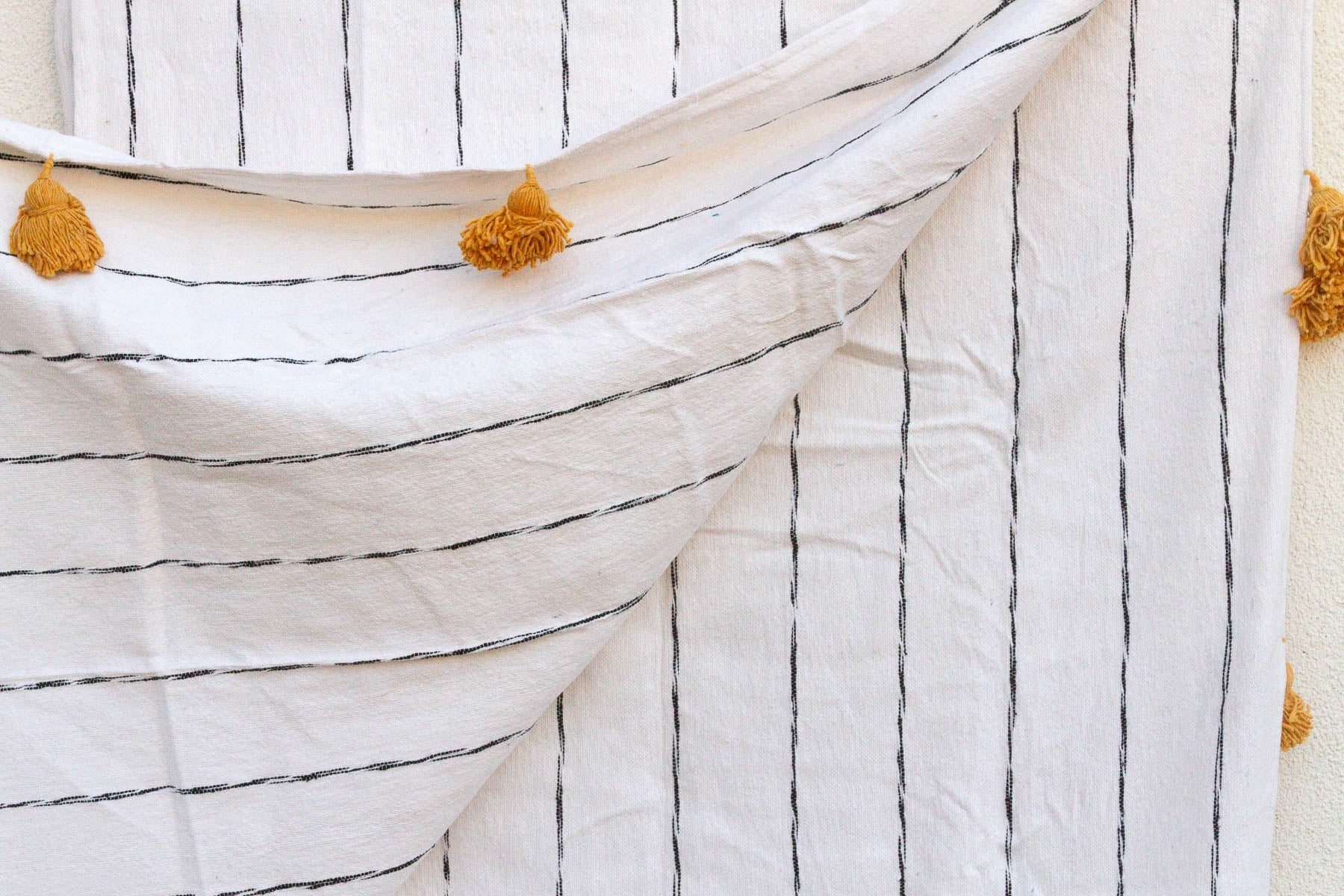 White & Black Pinstripes Moroccan Pom Pom Blanket