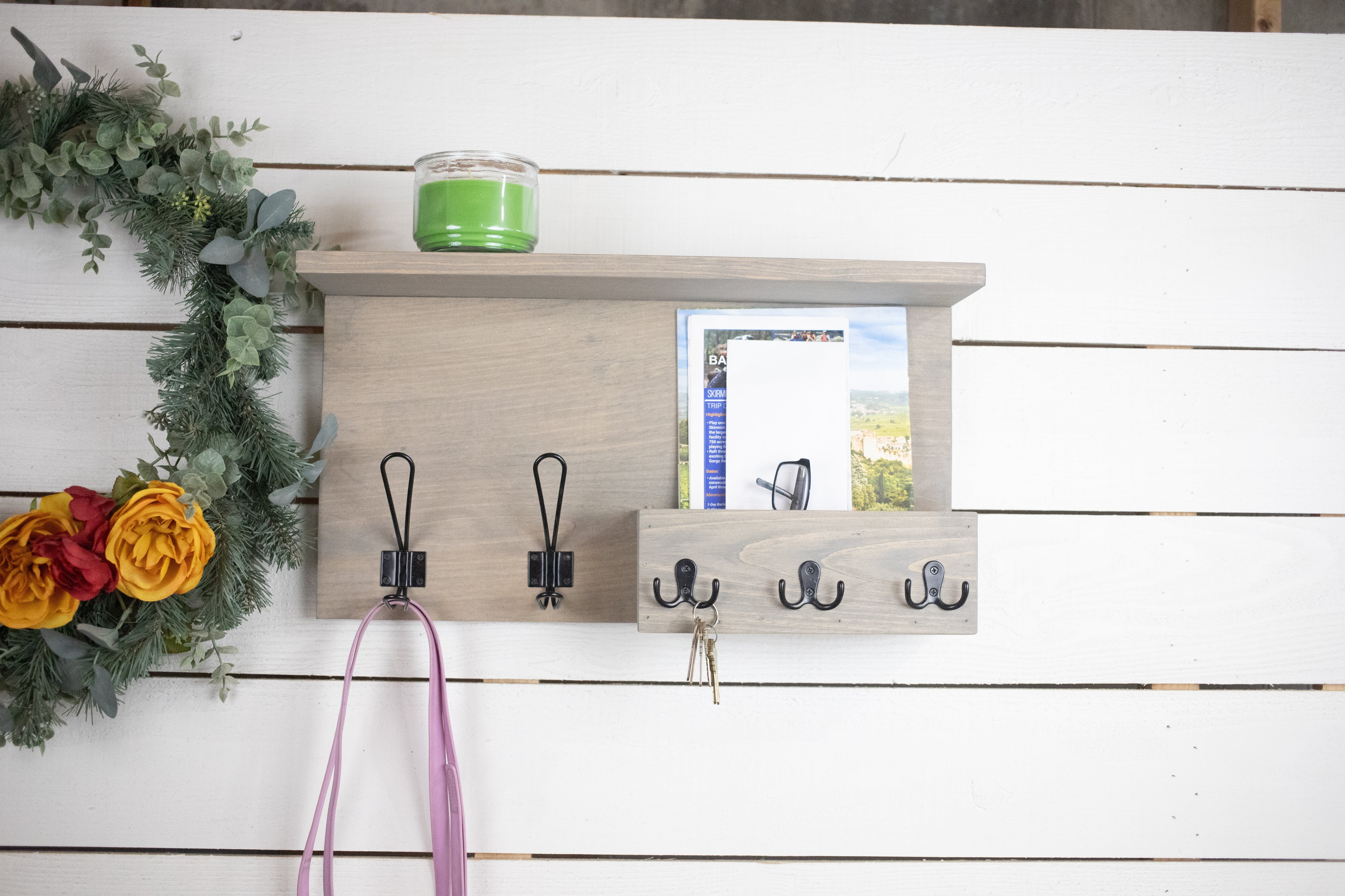 Wooden Home Organization Center with Shelf, Coat Hooks, Key Hook and Mail Holder-2