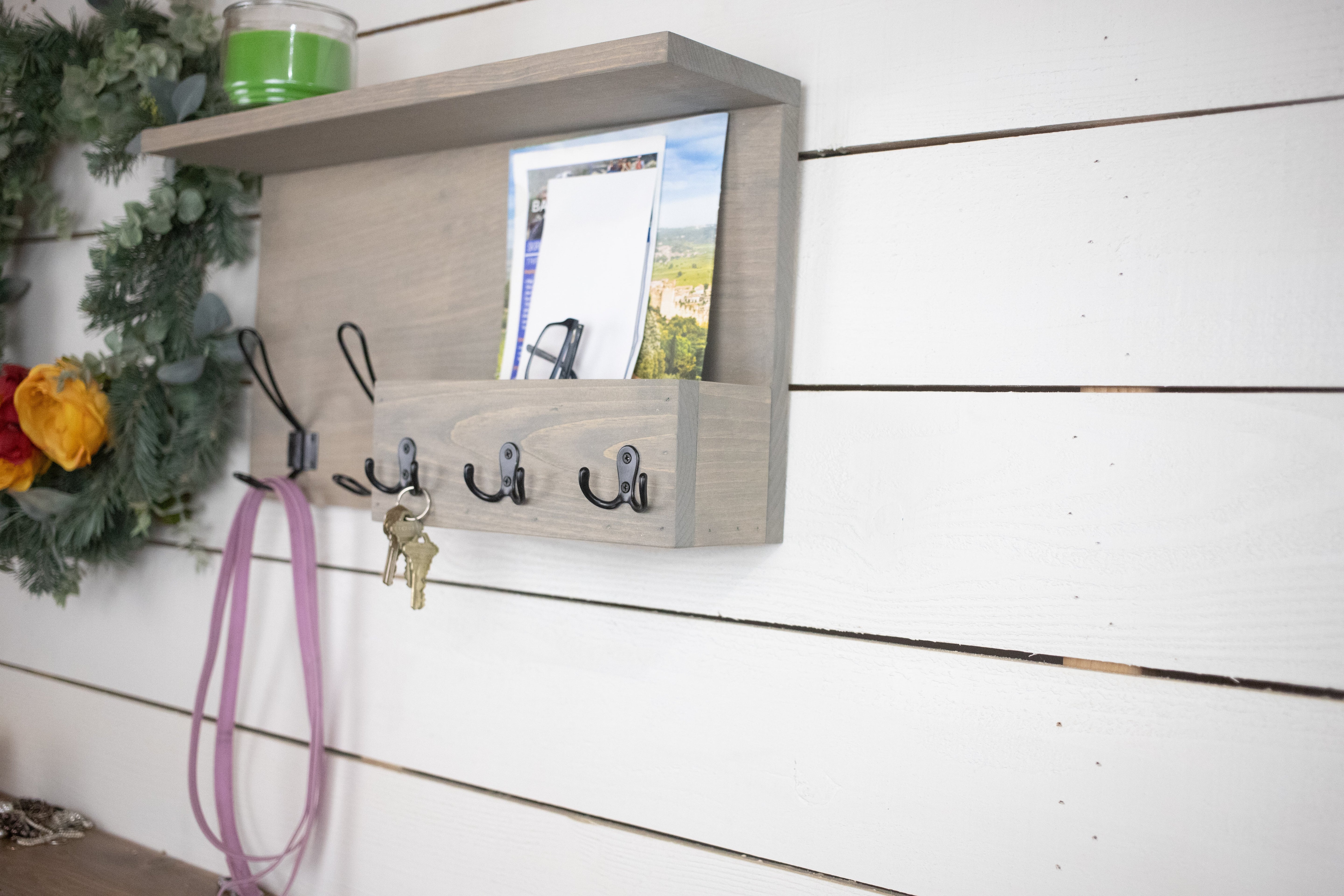 Wooden Home Organization Center with Shelf, Coat Hooks, Key Hook and Mail Holder-1