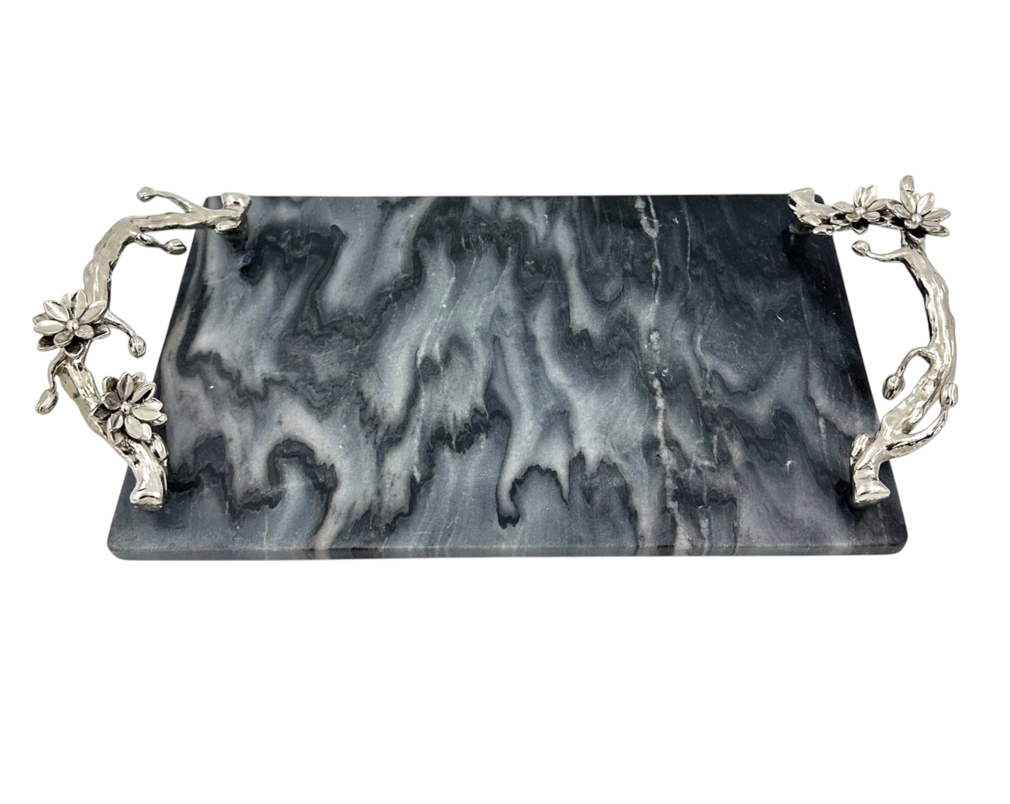 Black Marble Tray with Gilded Floral Handles-4