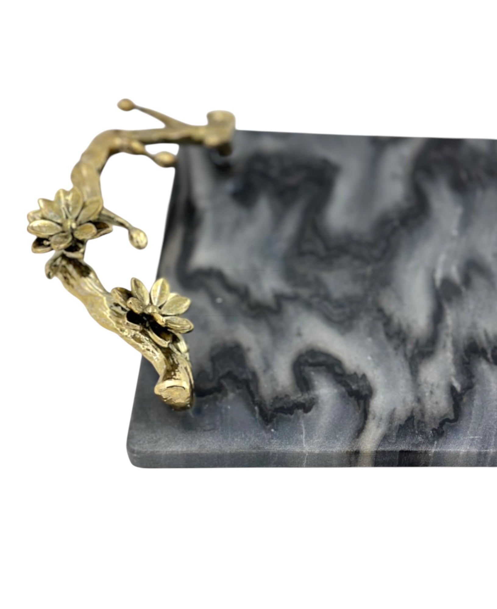 Black Marble Tray with Gilded Floral Handles-2