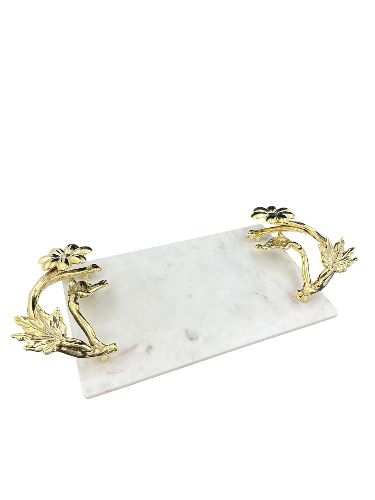 White Marble Tray with Gilded Floral Handles-0