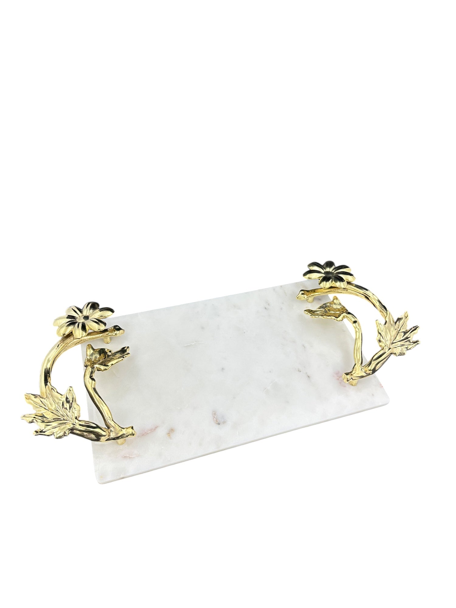 White Marble Tray with Gilded Floral Handles-2