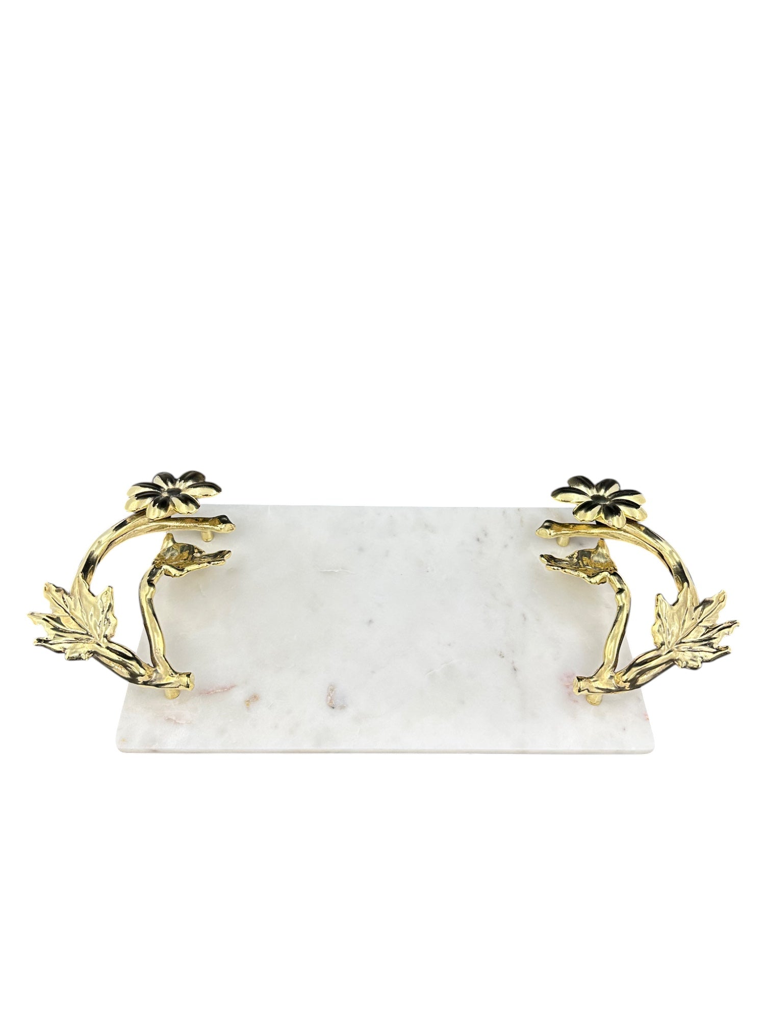 White Marble Tray with Gilded Floral Handles-1