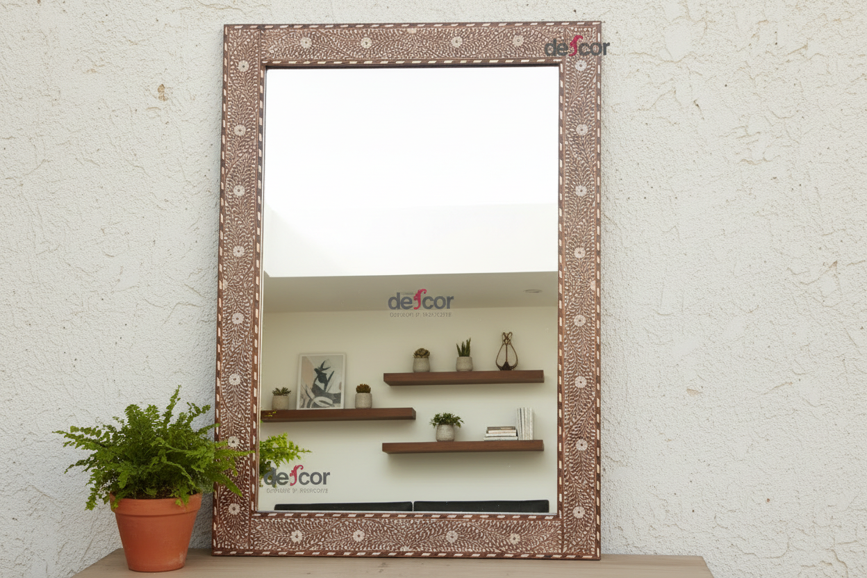 Grand Artisanal Floral Inlay Walnut Finish Mirror