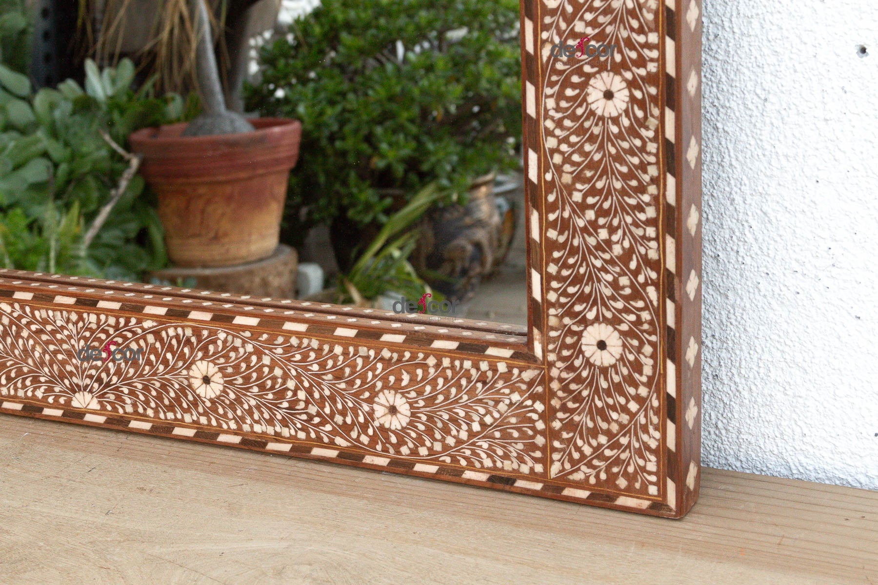 Grand Artisanal Floral Inlay Walnut Finish Mirror