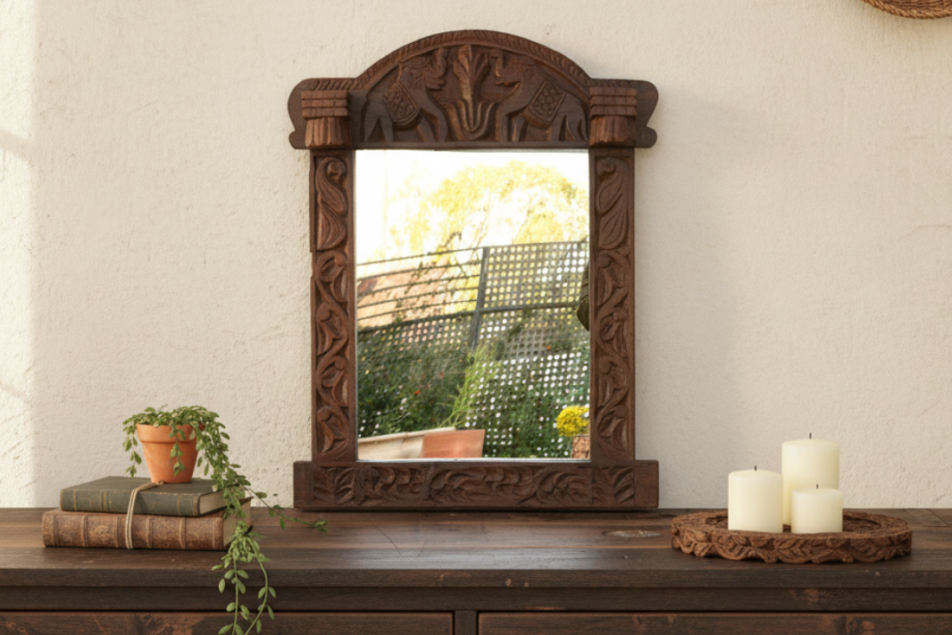 Dark Walnut Finish Tribal Carved Mirror