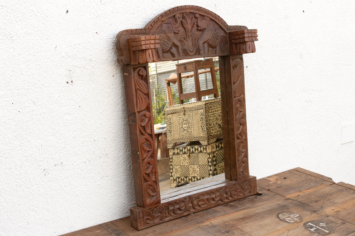 Dark Walnut Finish Tribal Carved Mirror