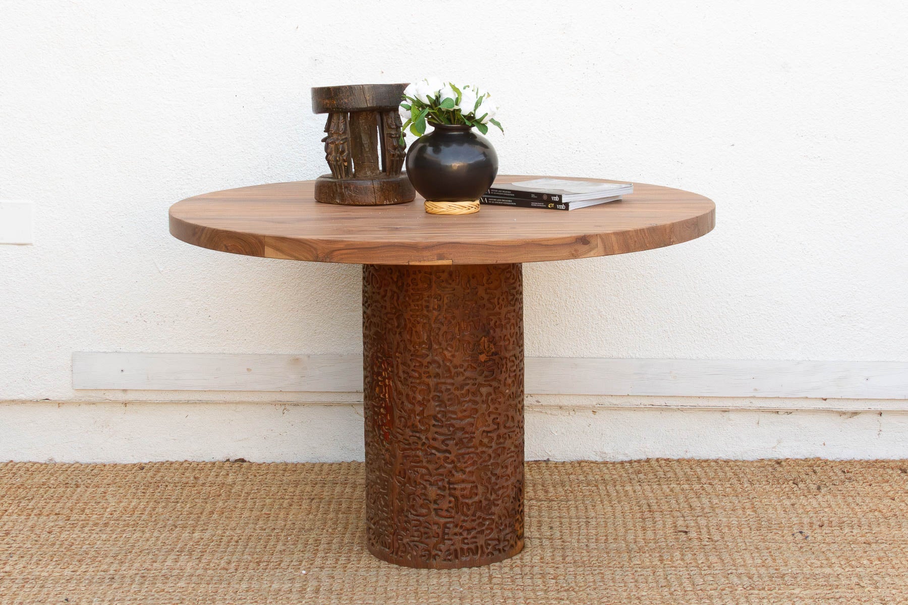 Finely Carved Reclaimed Teak Round Pedestal Dining Table