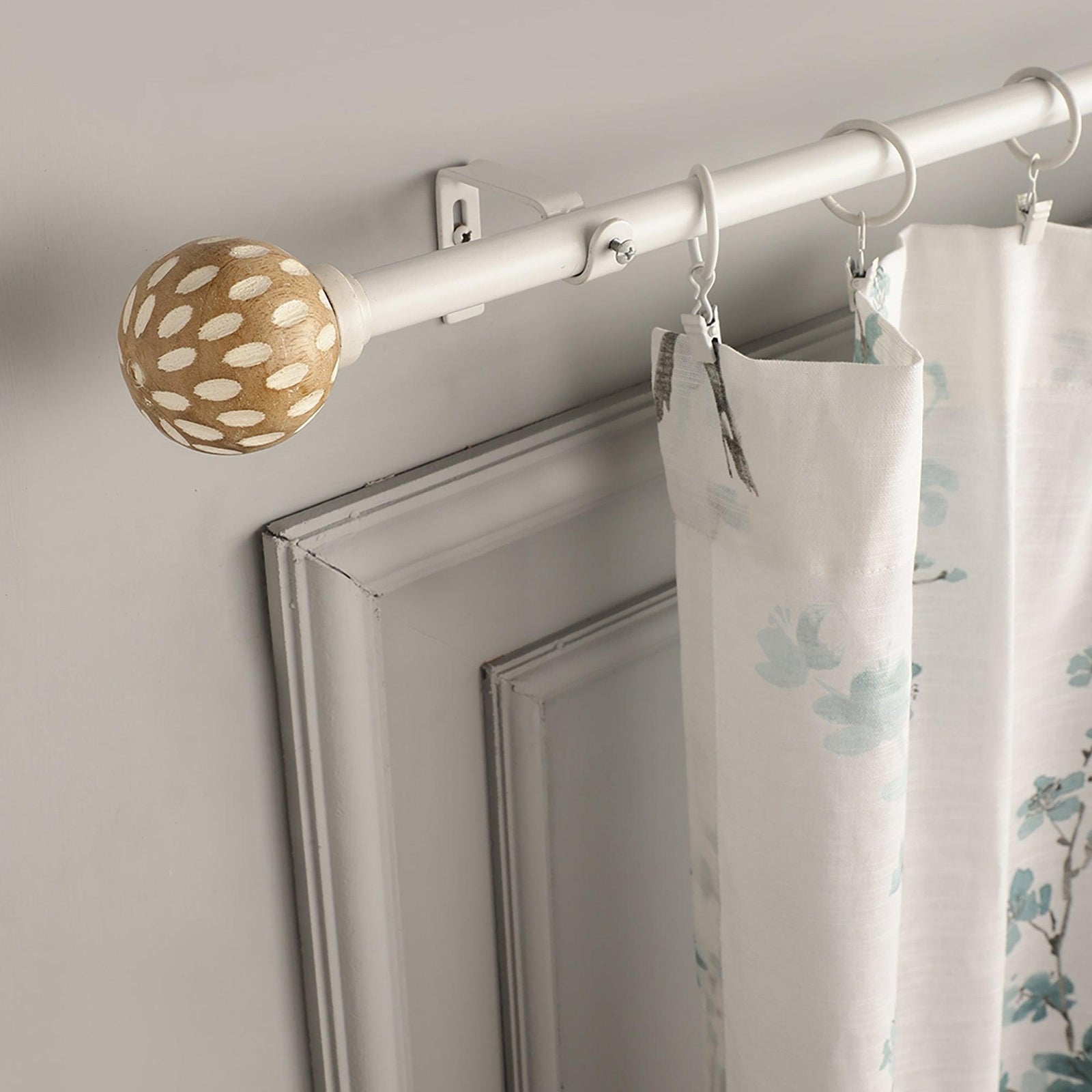 White Extendable Curtain Pole | Patterned Wooden Finials | 61-366cm-0