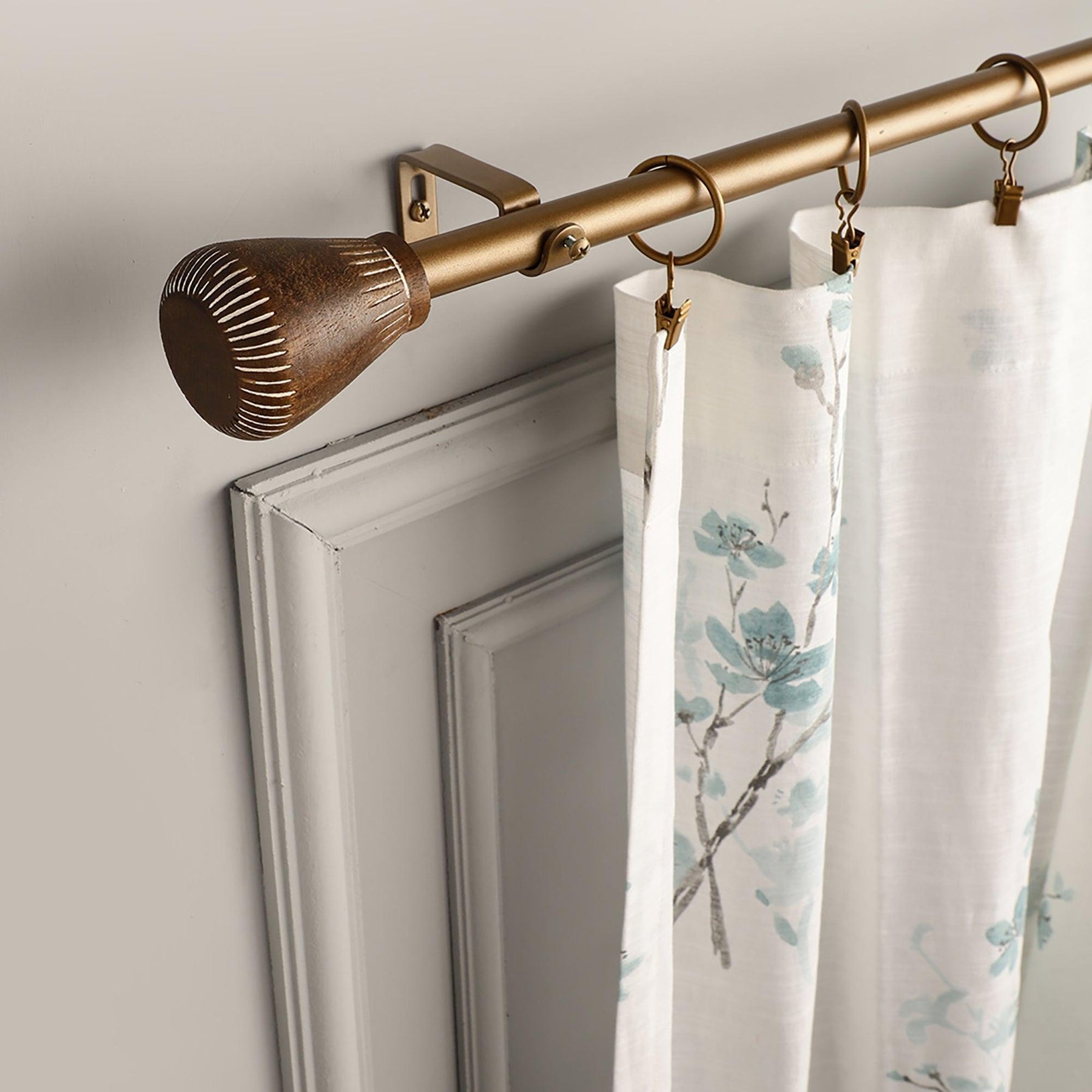 Gold Extendable Curtain Pole | 19mm | Wooden Finials | 61-366cm-0
