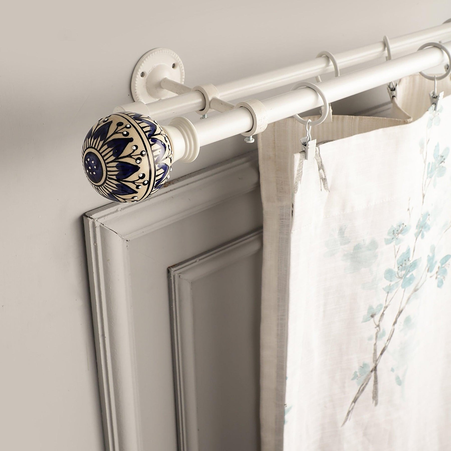Cream & Blue Double Curtain Pole | Ball Finials | Rustproof | 25KG Load | Classic Style-0