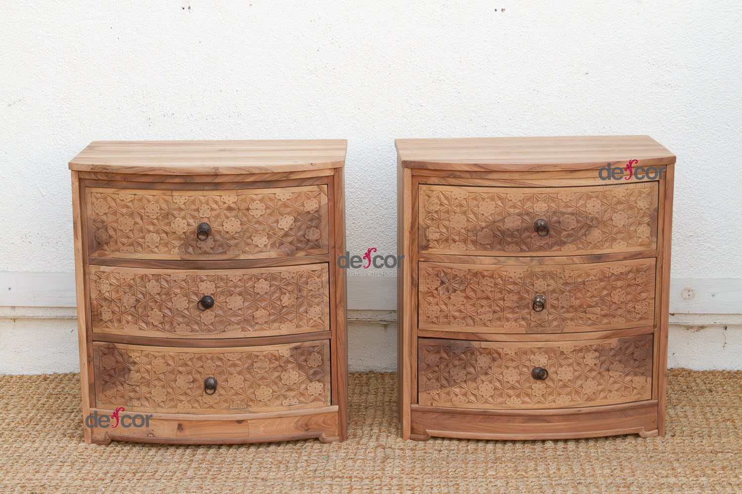 Set of 2, Reclaimed Wood Bow Front Carved Bedside Dressers