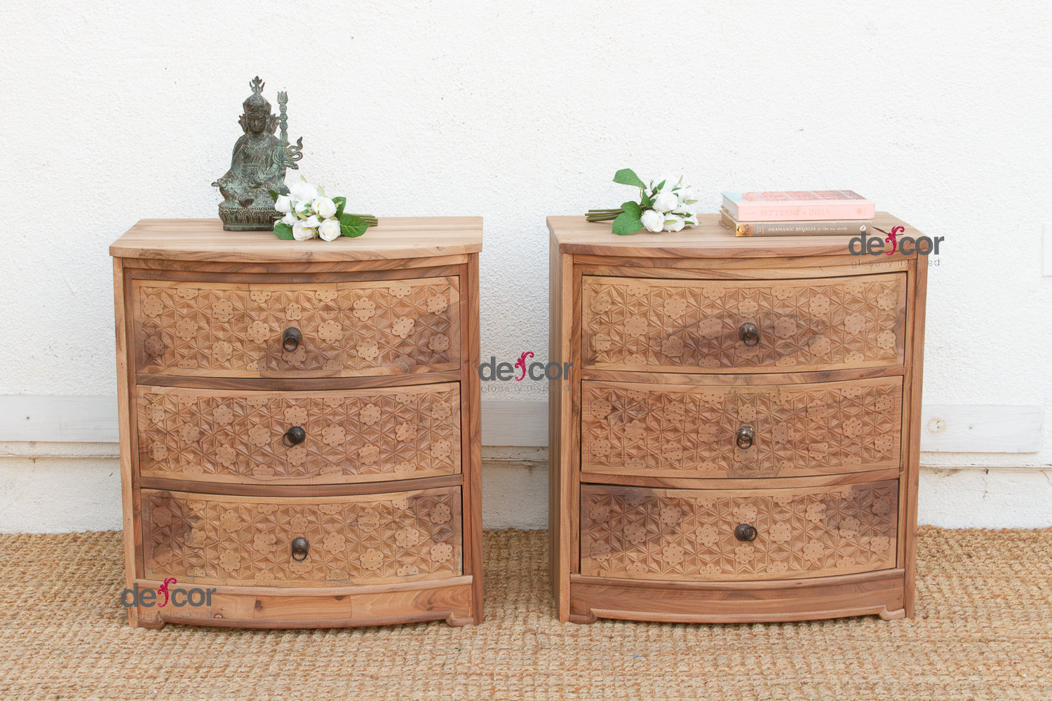 Set of 2, Reclaimed Wood Bow Front Carved Bedside Dressers