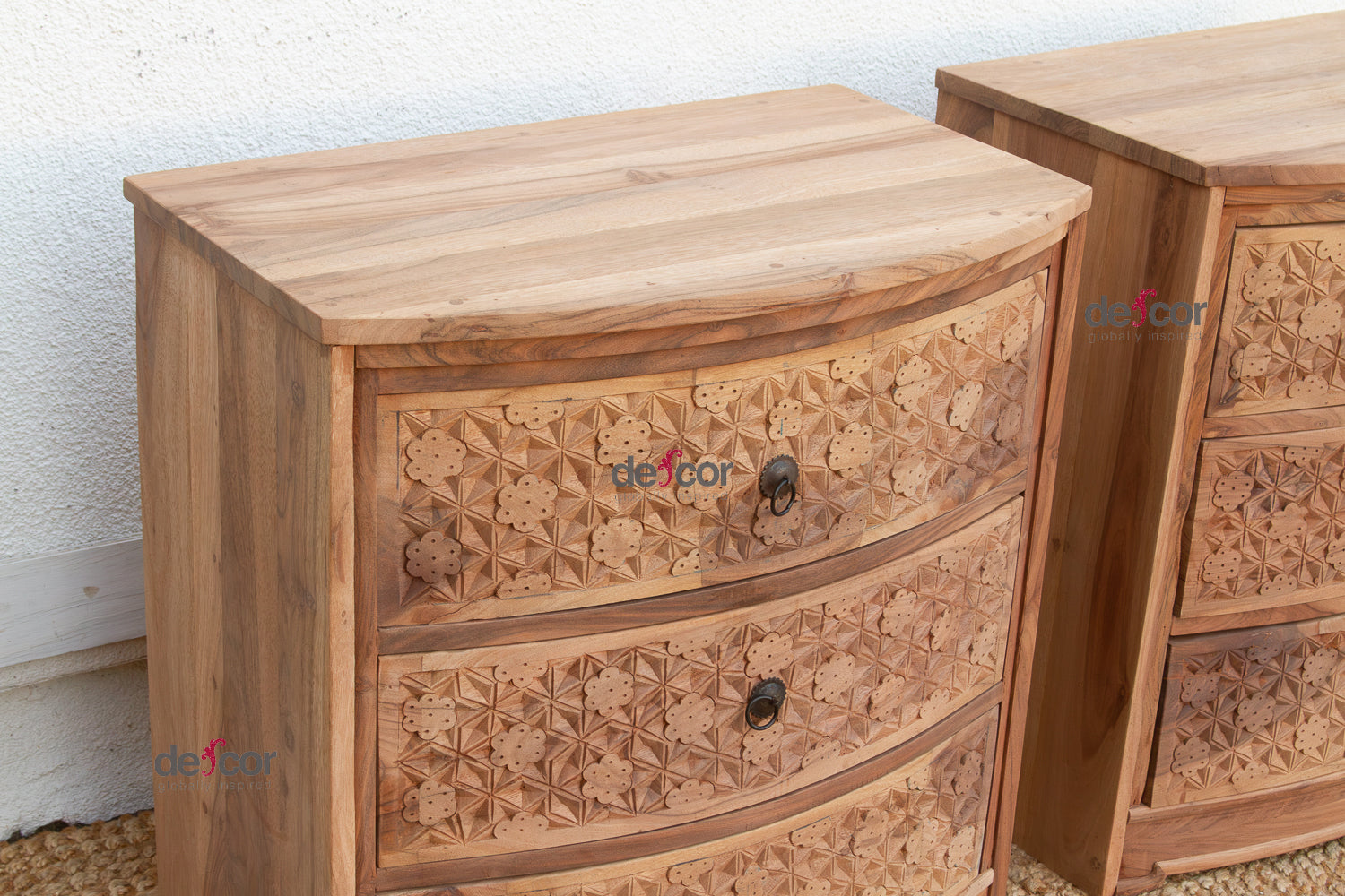 Set of 2, Reclaimed Wood Bow Front Carved Bedside Dressers