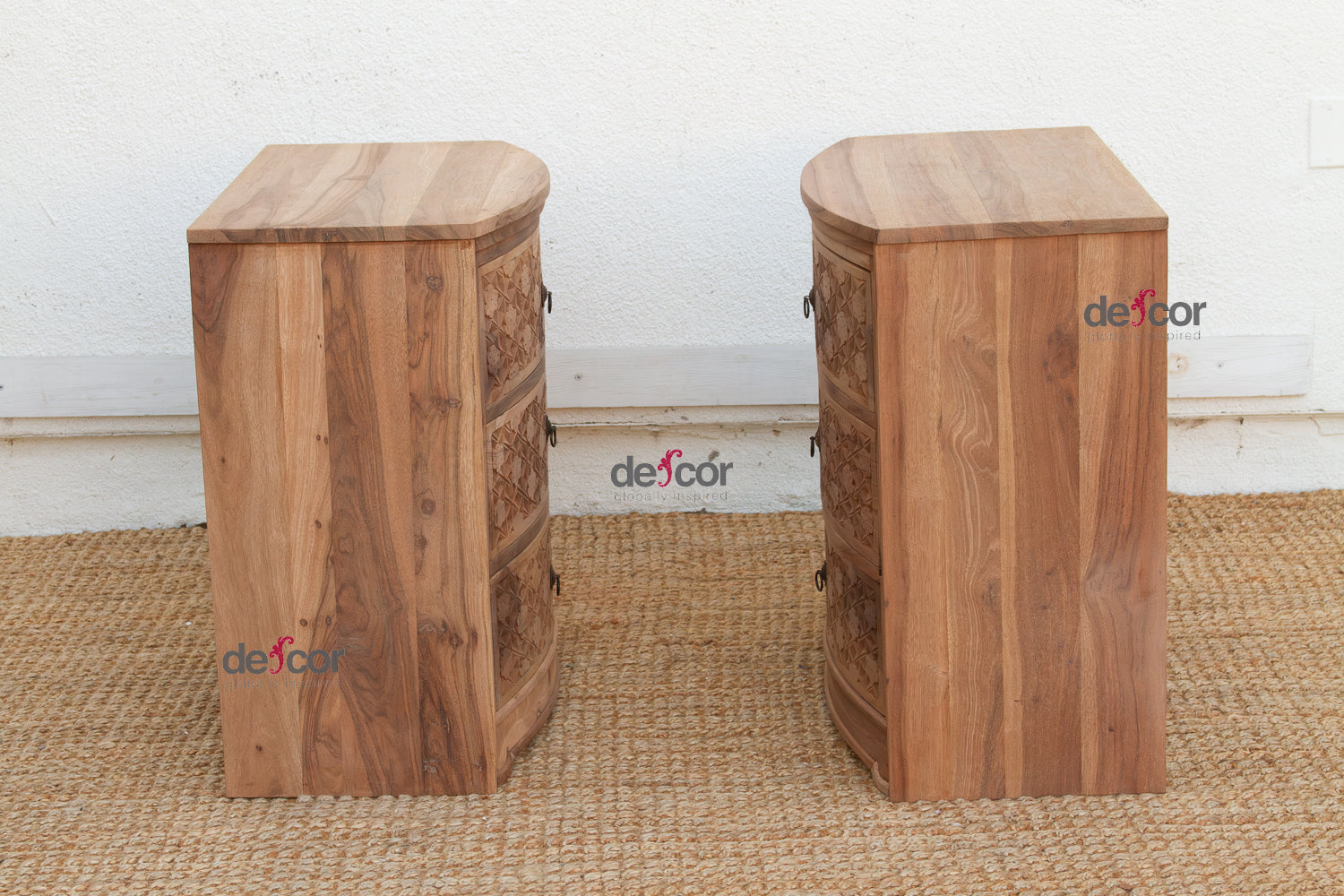 Set of 2, Reclaimed Wood Bow Front Carved Bedside Dressers