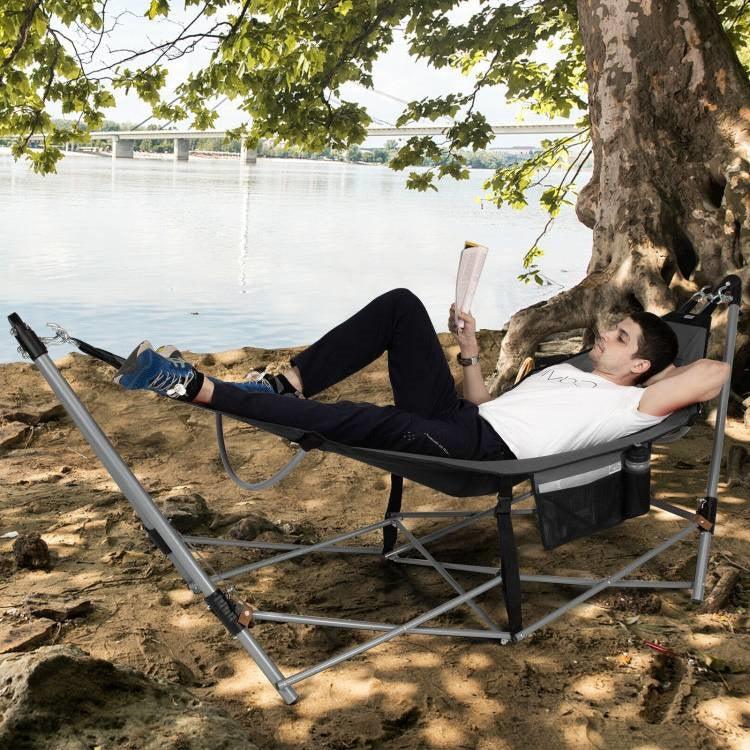 Grey Portable Camping Foldable Hammock with Stand and Carry Case - PRHOMZ
