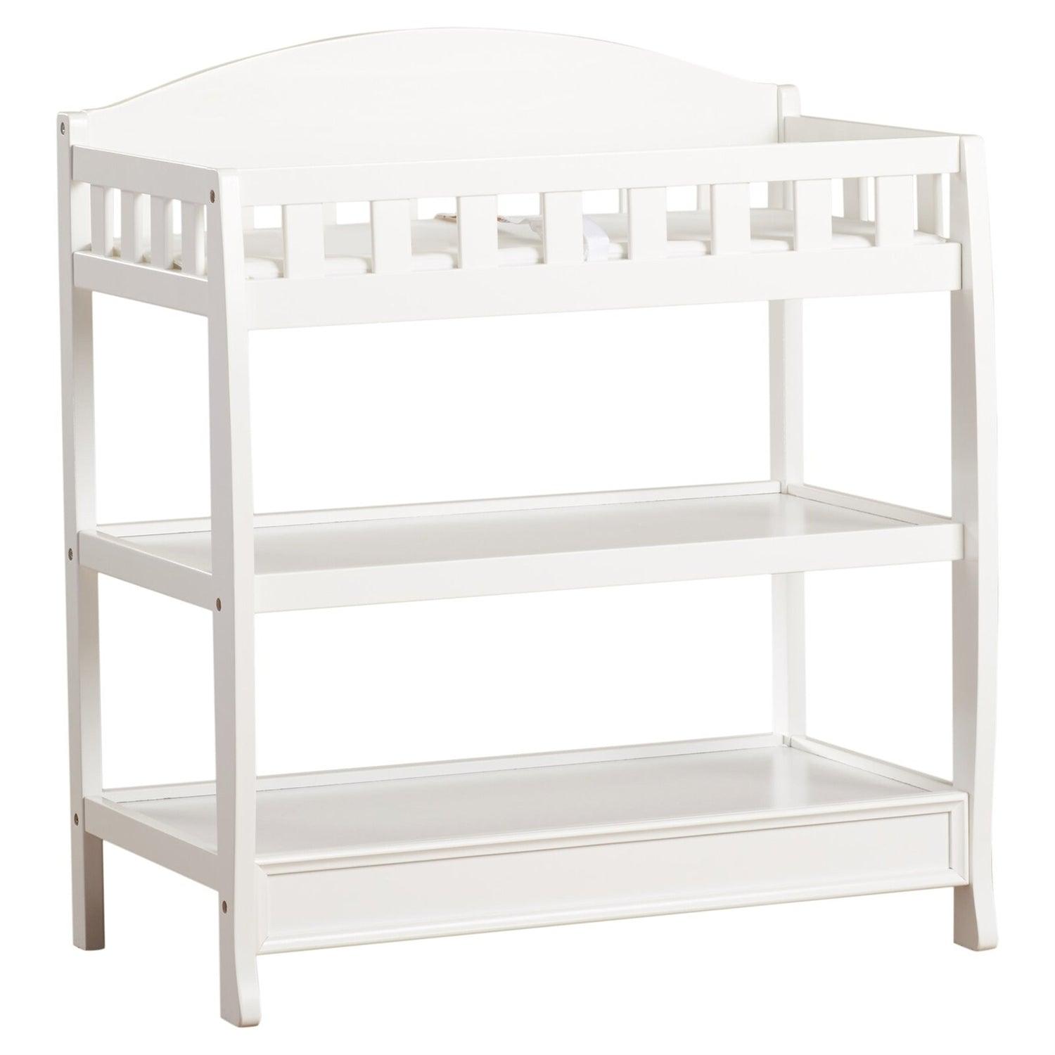 Modern White Wooden Baby Changing Table with Safety Rail Pad and Strap - PRHOMZ