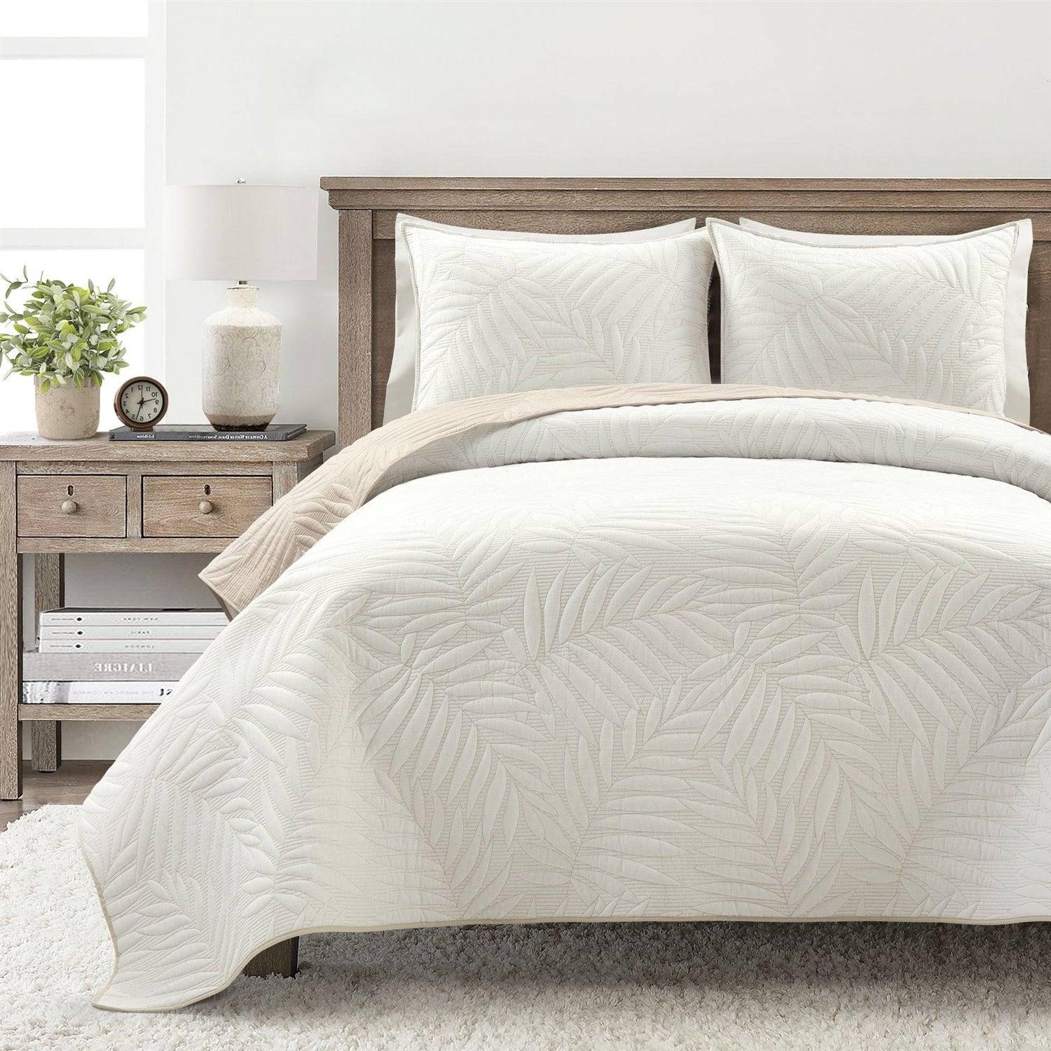 Full/Queen Lightweight Fern Leaf Reversible 3-PC White Beige Cotton Quilt Set - PRHOMZ