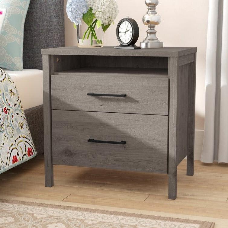 Modern Grey 2 Drawer Nightstand Cubby Storage Shelf - PRHOMZ