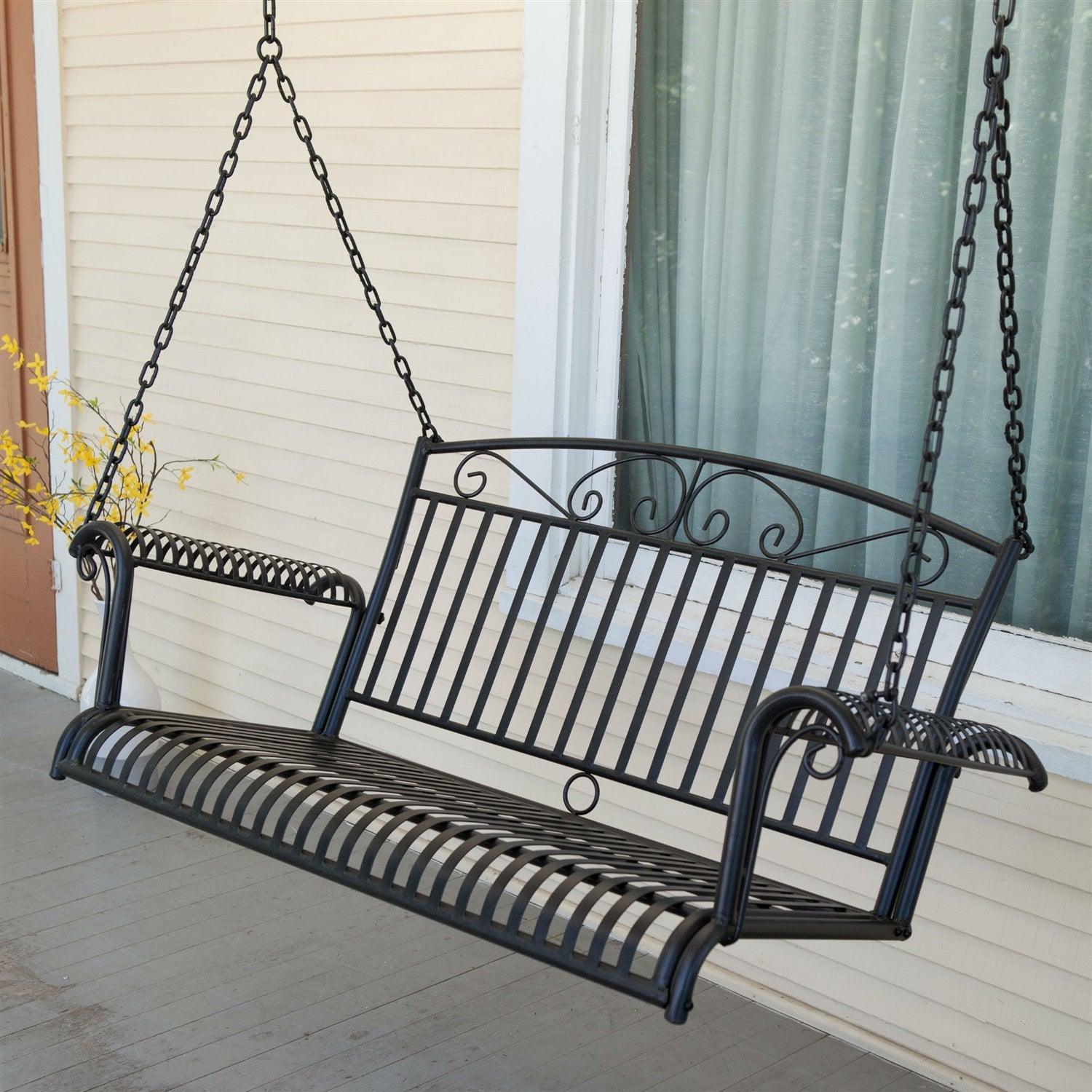 Wrought Iron Outdoor Patio 4-Ft Porch Swing in Black - PRHOMZ
