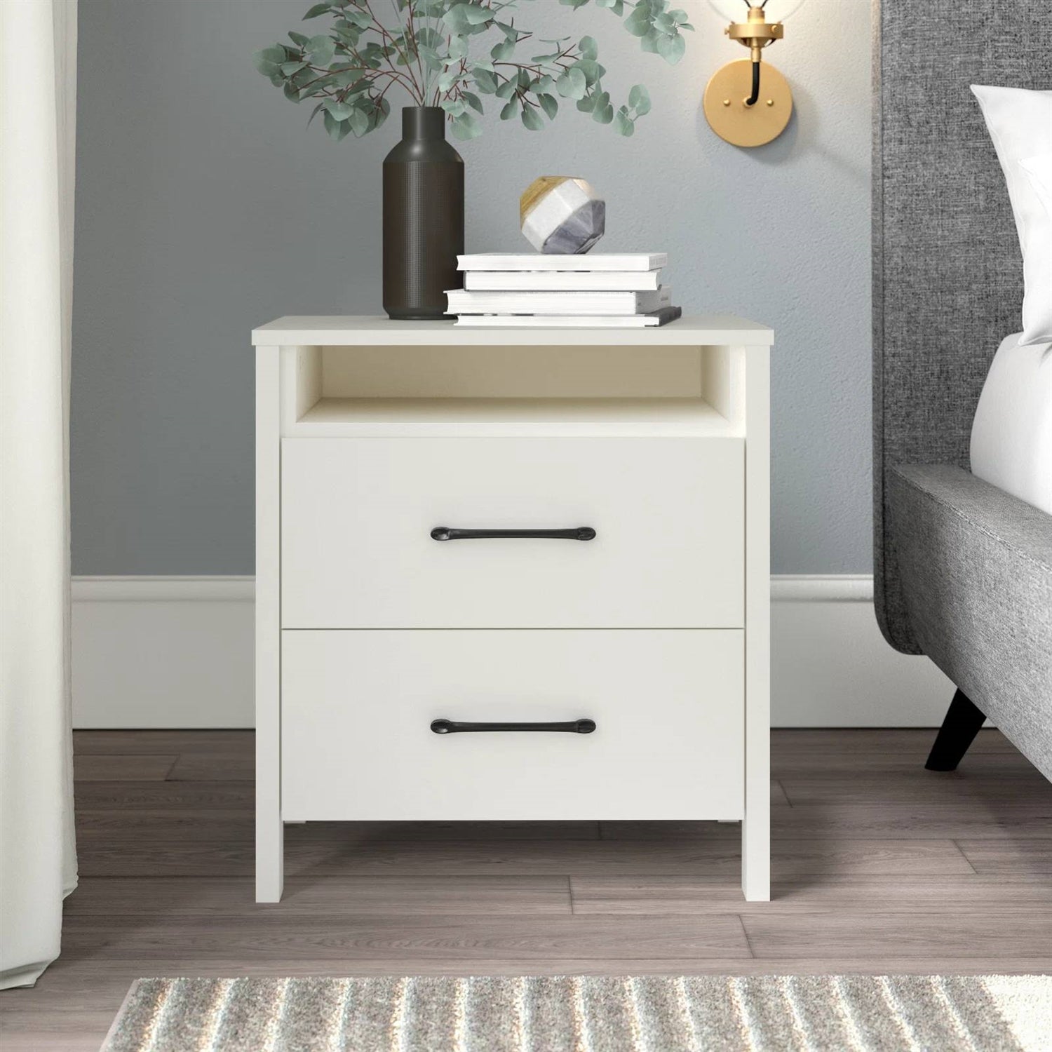 Modern 2-Drawer Nightstand with Open Shelf in Ivory Wood Finish-0